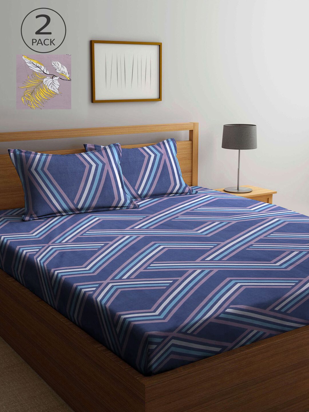 

KLOTTHE Mauve & Blue Geometric 210 TC 2 King Bedsheet with 4 Pillow Covers