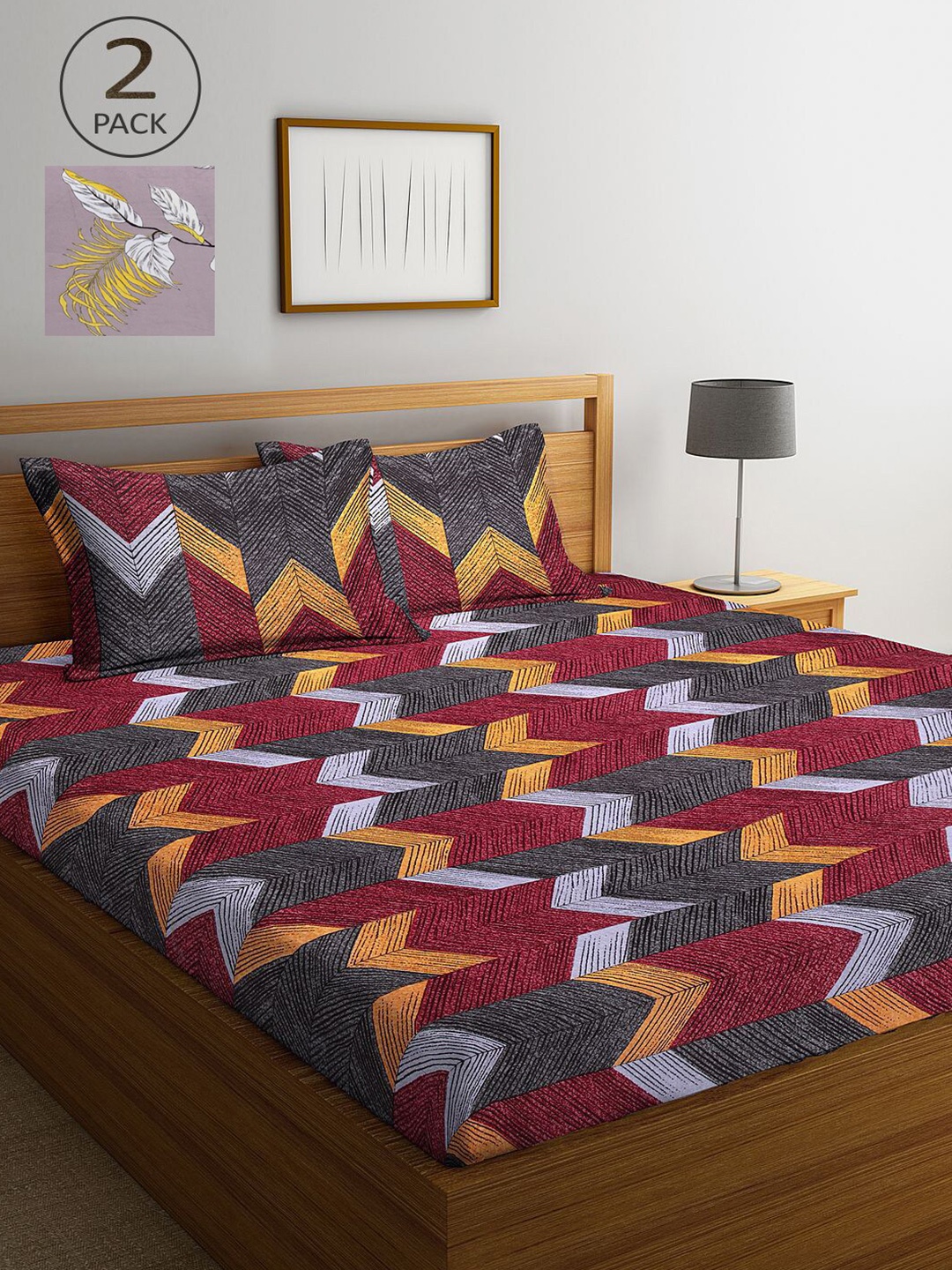 

KLOTTHE Mauve & Maroon Geometric 210 TC 2 King Bedsheet with 4 Pillow Covers