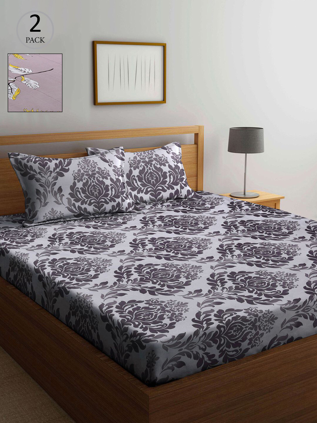 

KLOTTHE Mauve & Grey Floral 210 TC 2 King Bedsheet with 4 Pillow Covers