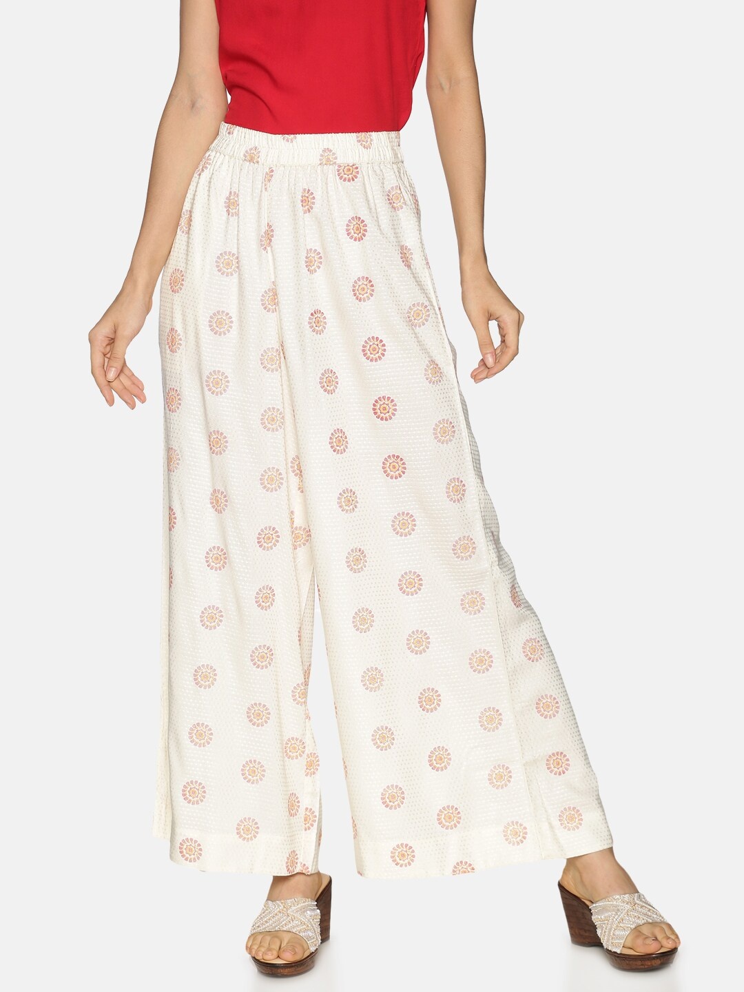 

Saffron Threads Women Off White & Peach-Coloured Floral Printed Flared Palazzos