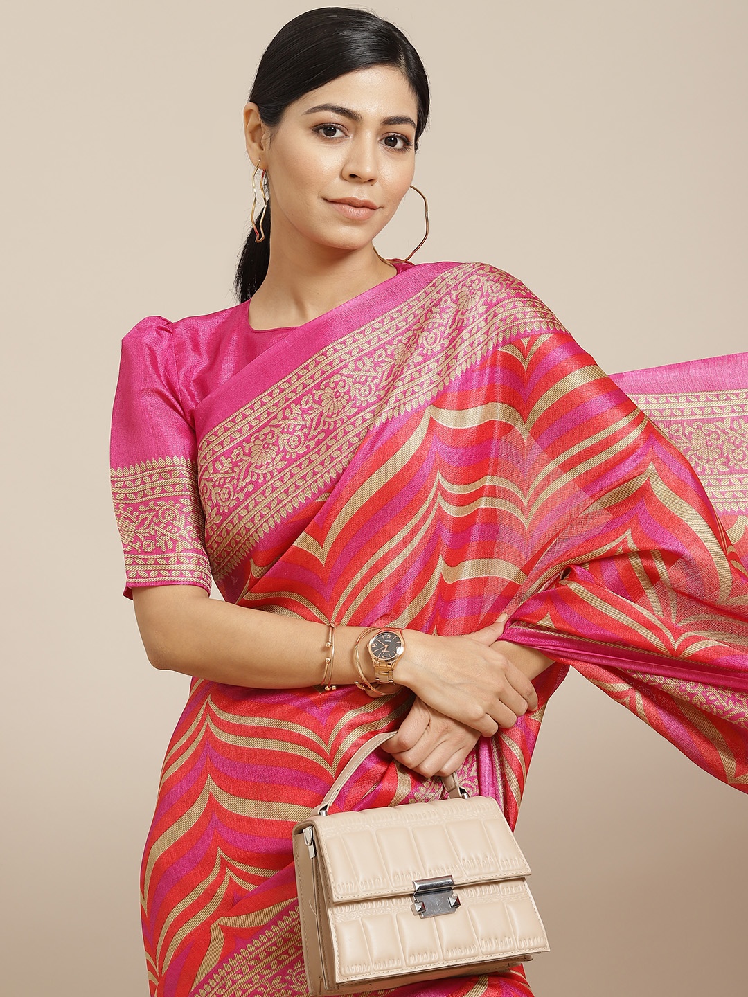 

SIRIL Red & Beige Zari Silk Cotton Khadi Saree