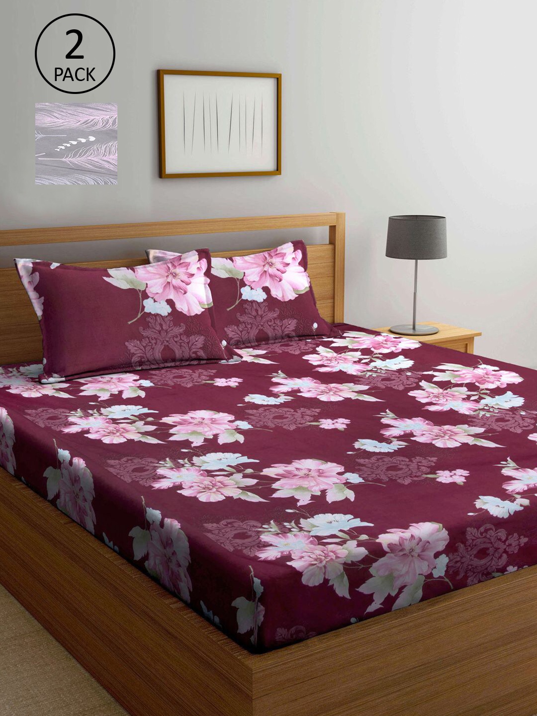 

KLOTTHE Grey & Burgundy Floral 210 TC 2 King Bedsheet with 4 Pillow Covers
