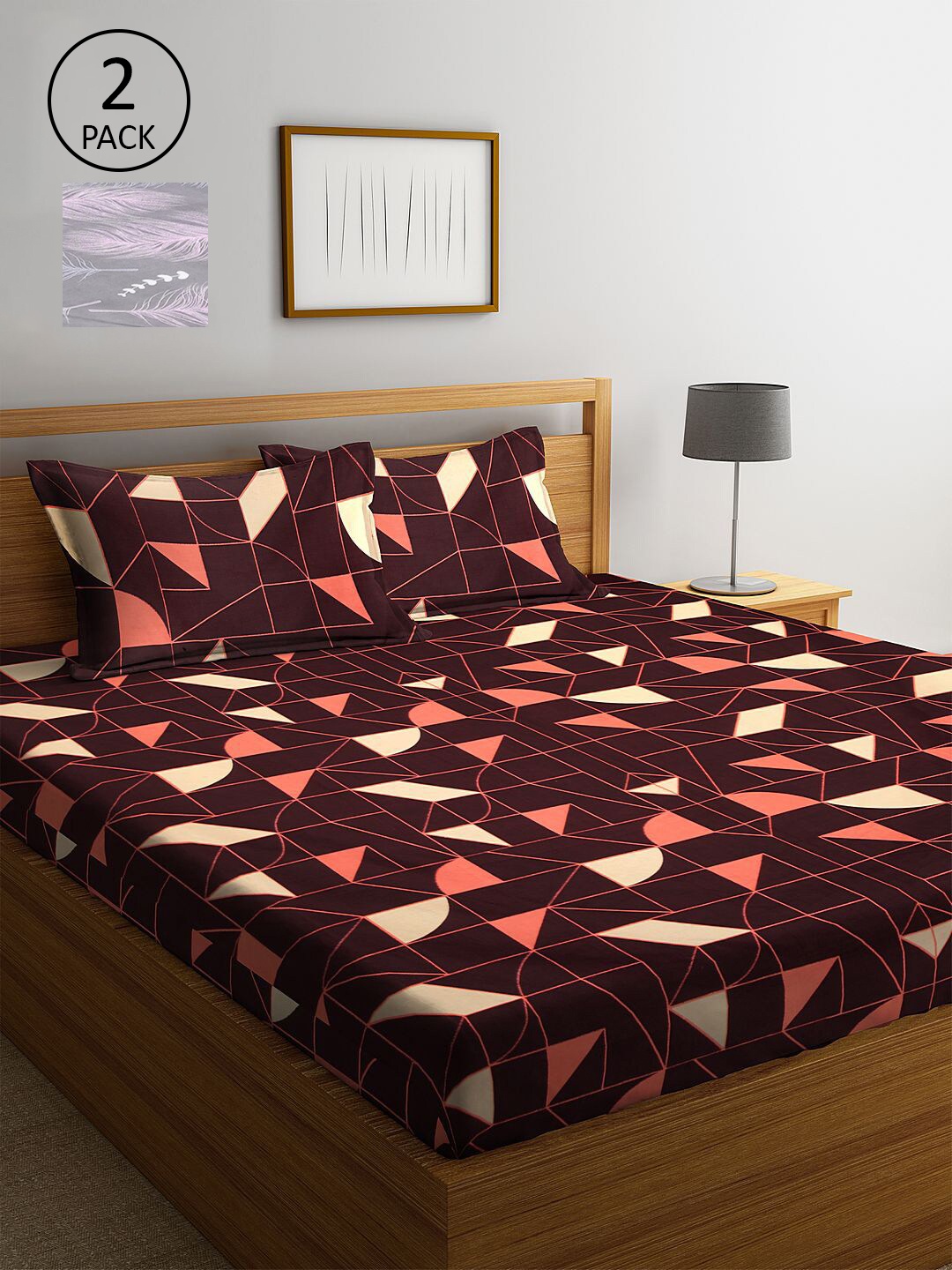 

KLOTTHE Grey & Brown Geometric 210 TC 2 King Bedsheet with 4 Pillow Covers