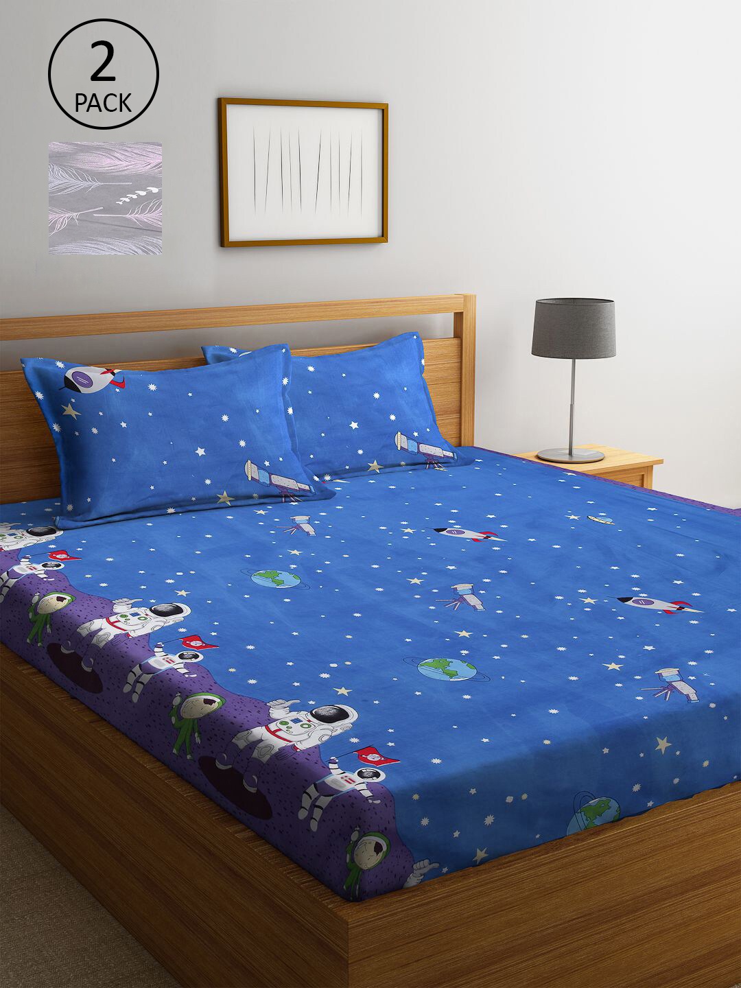 

KLOTTHE Grey & Blue Floral 210 TC 2 King Bedsheet with 4 Pillow Covers