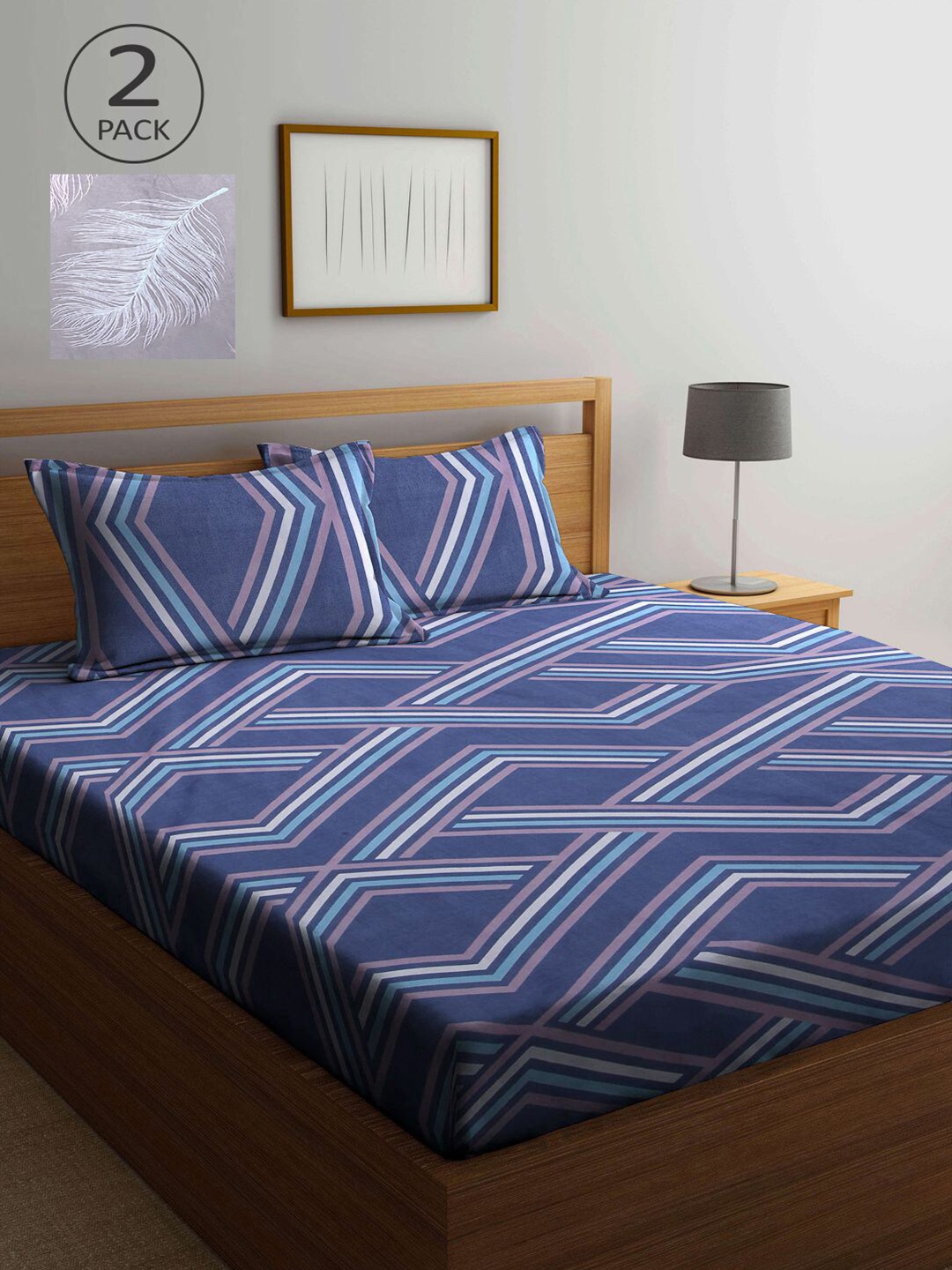 

KLOTTHE Grey & Blue Geometric 210 TC 2 King Bedsheet with 4 Pillow Covers