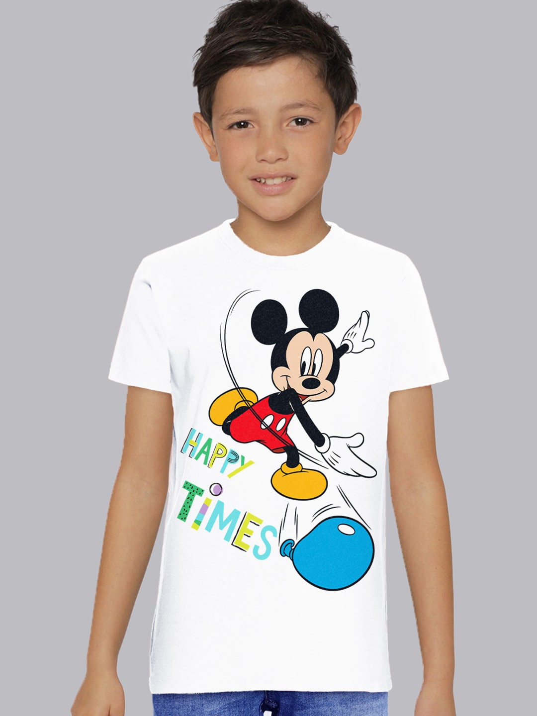 

Kids Ville Boys White Mickey Mouse Printed Holi Cotton T-shirt