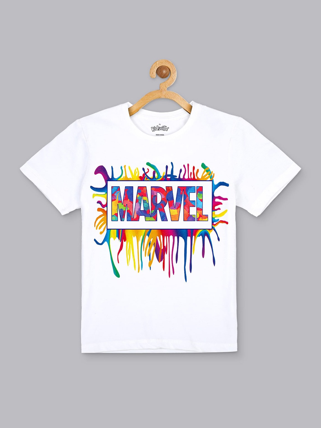 

Kids Ville Boys White Typography Marvel Printed Pure Cotton T-shirt