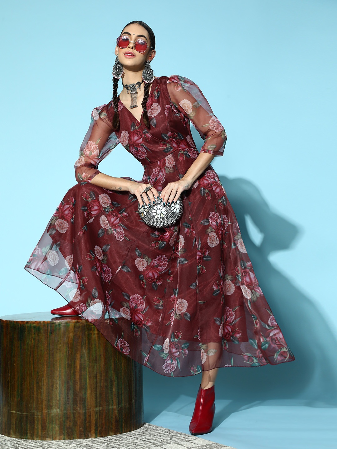 

Shae by SASSAFRAS Women Charming Maroon Floral All in the Details Dress