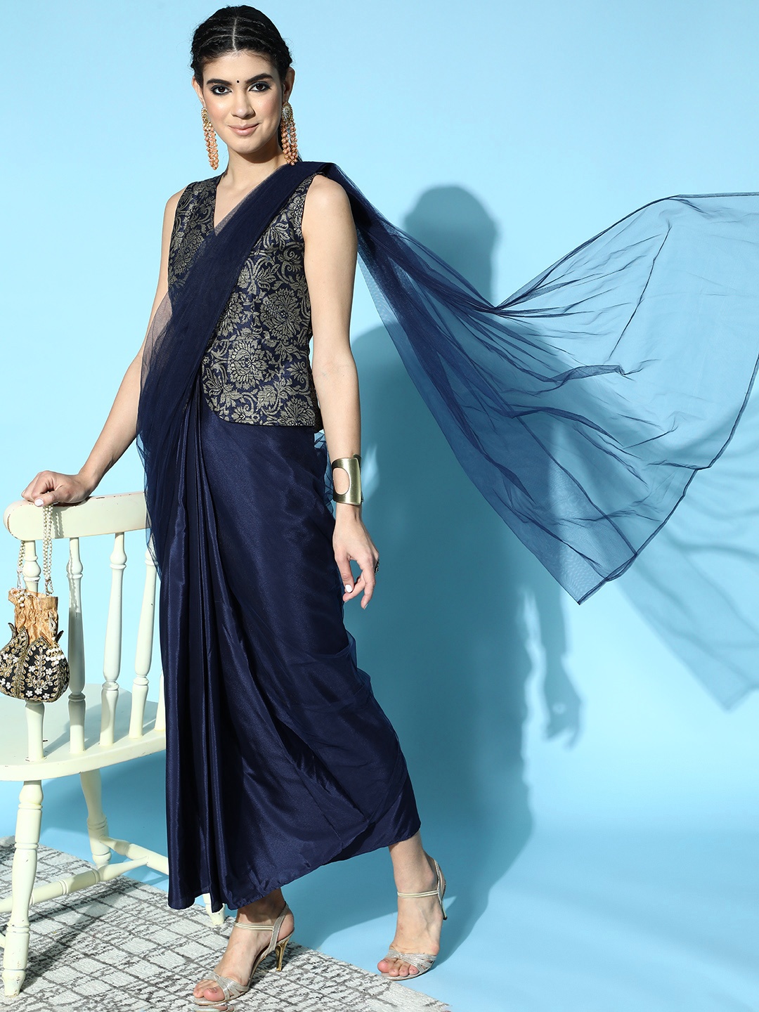 

Shae by SASSAFRAS Floral Saree, Navy blue