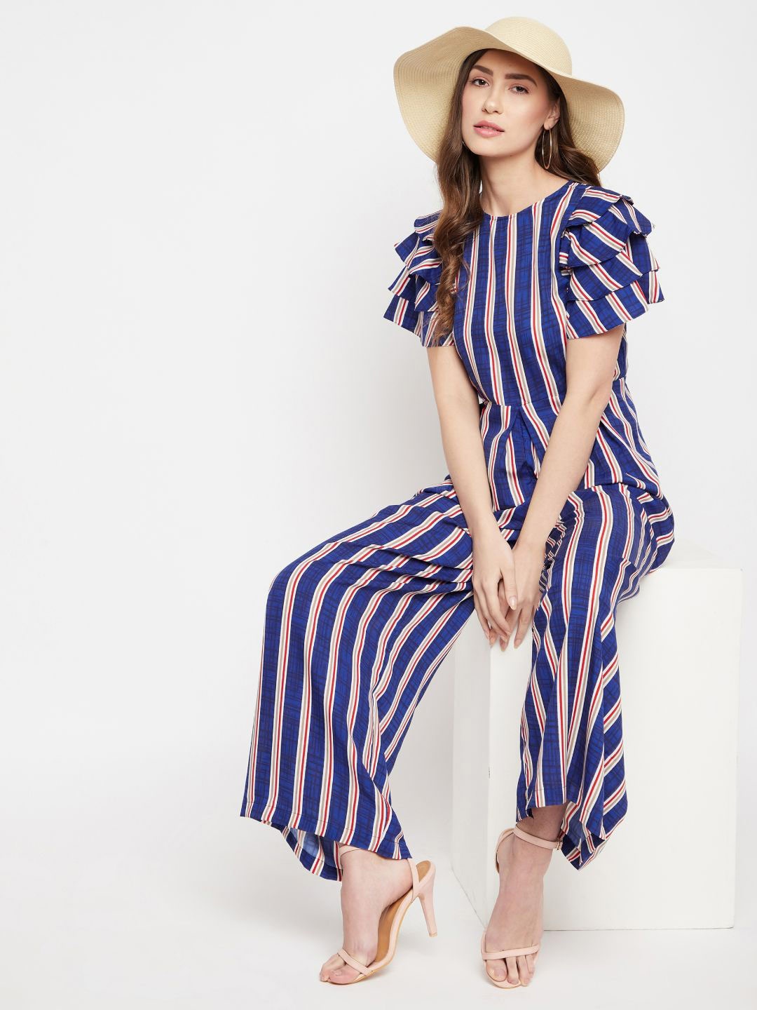 

Uptownie Lite Blue & White Striped Basic Jumpsuit With Ruffles
