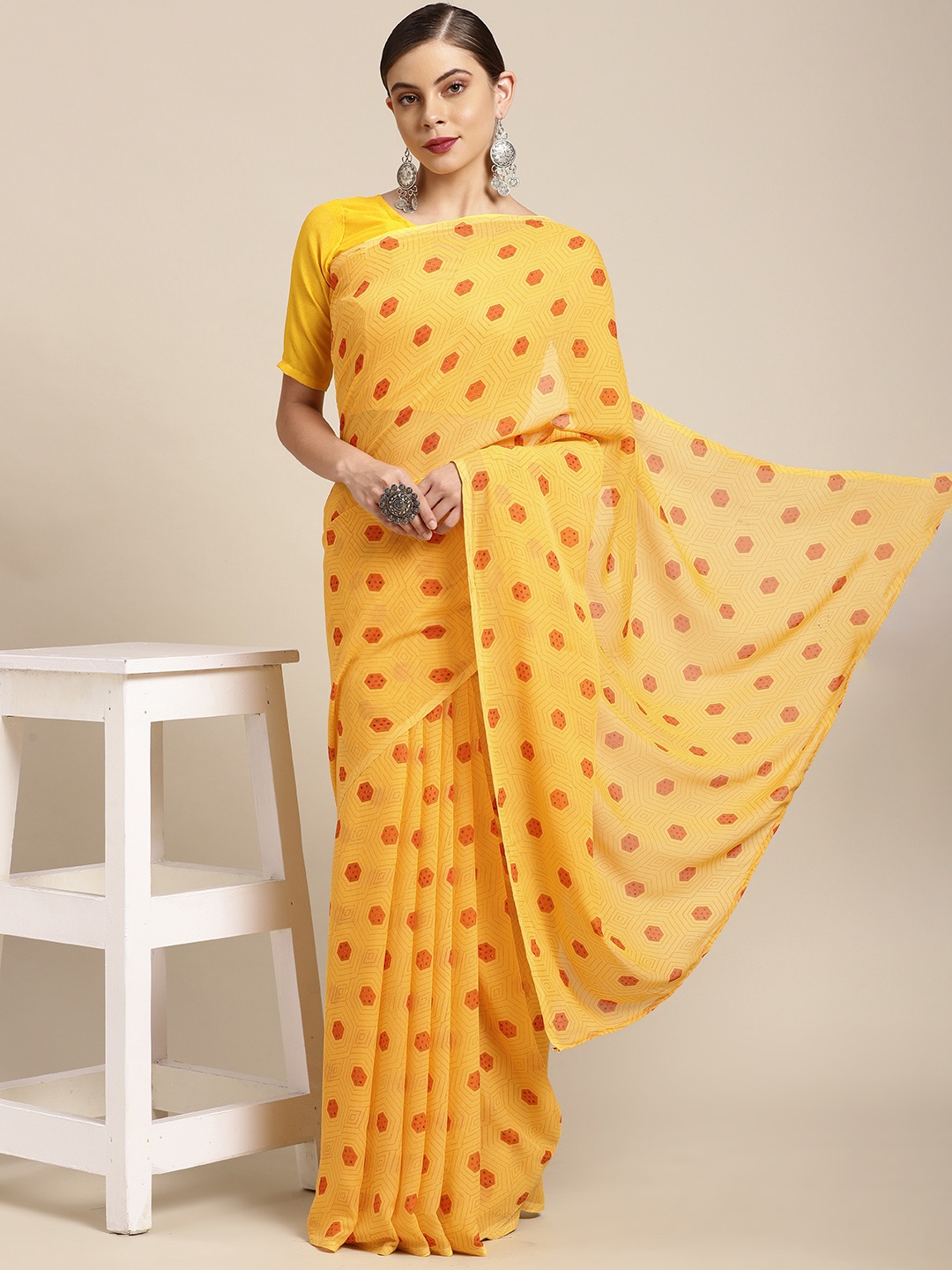 

KALINI Yellow & Red Geometric Print Poly Georgette Saree