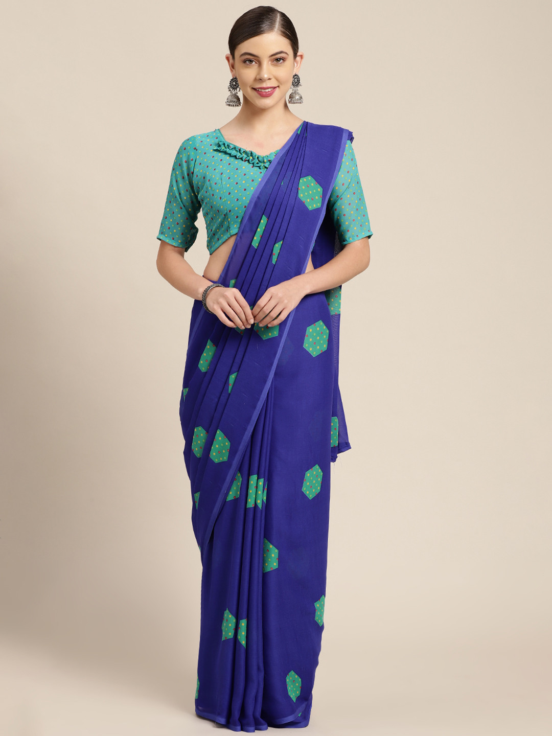 

KALINI Blue Geometric Print Poly Georgette Saree