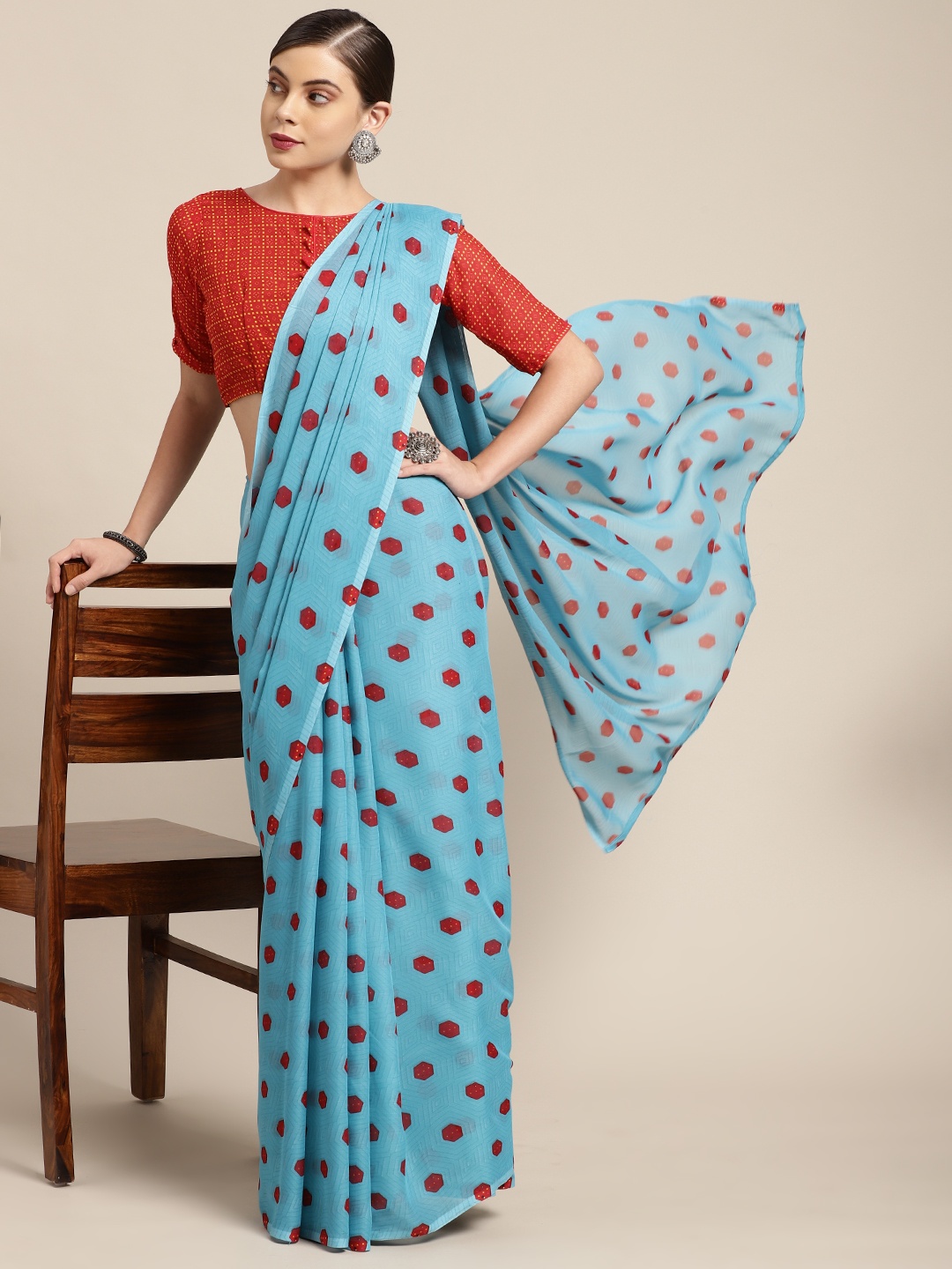 

KALINI Turquoise Blue & Red Geometric Print Poly Georgette Saree