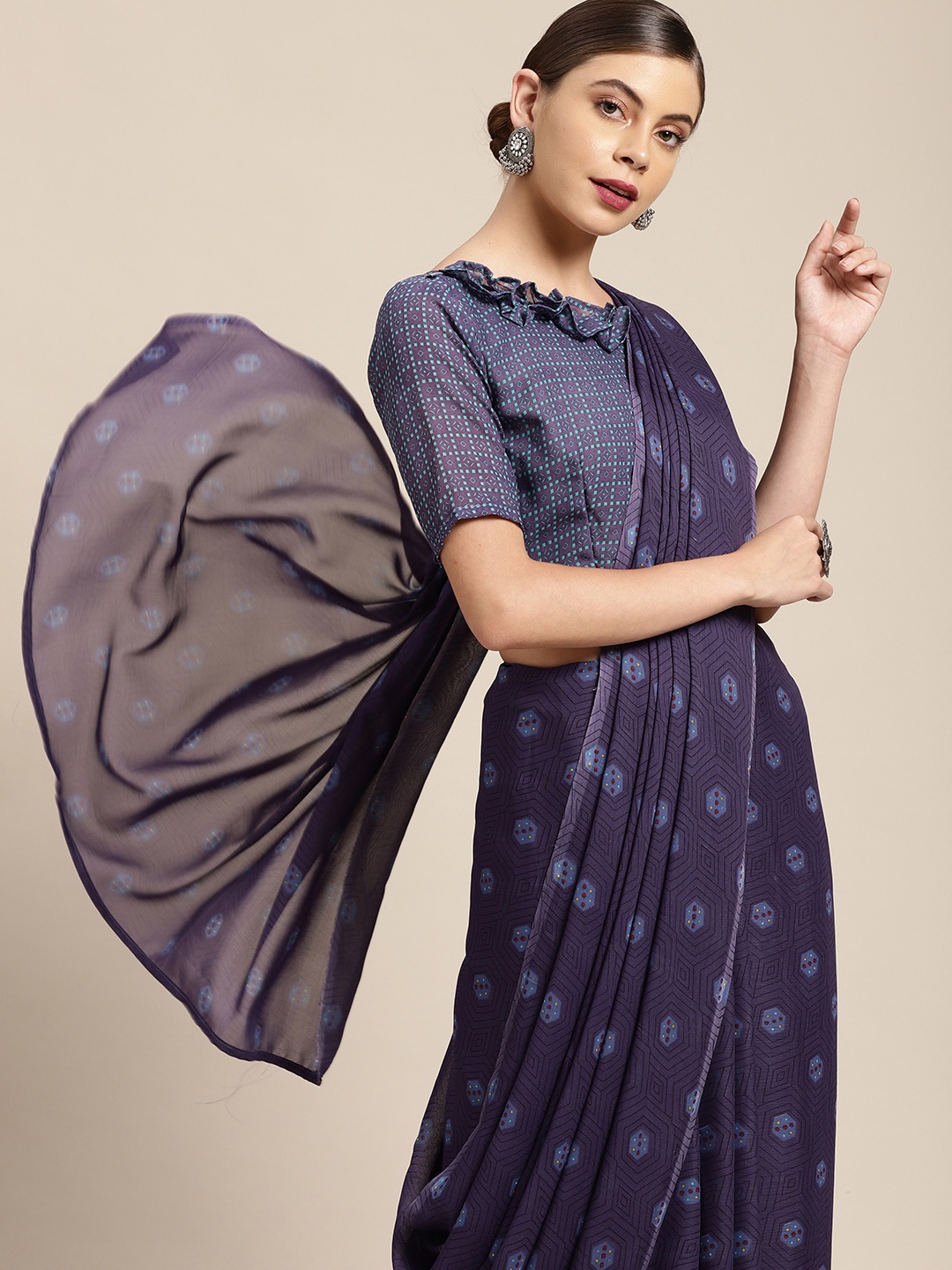 

KALINI Navy Blue Geometric Print Poly Georgette Saree