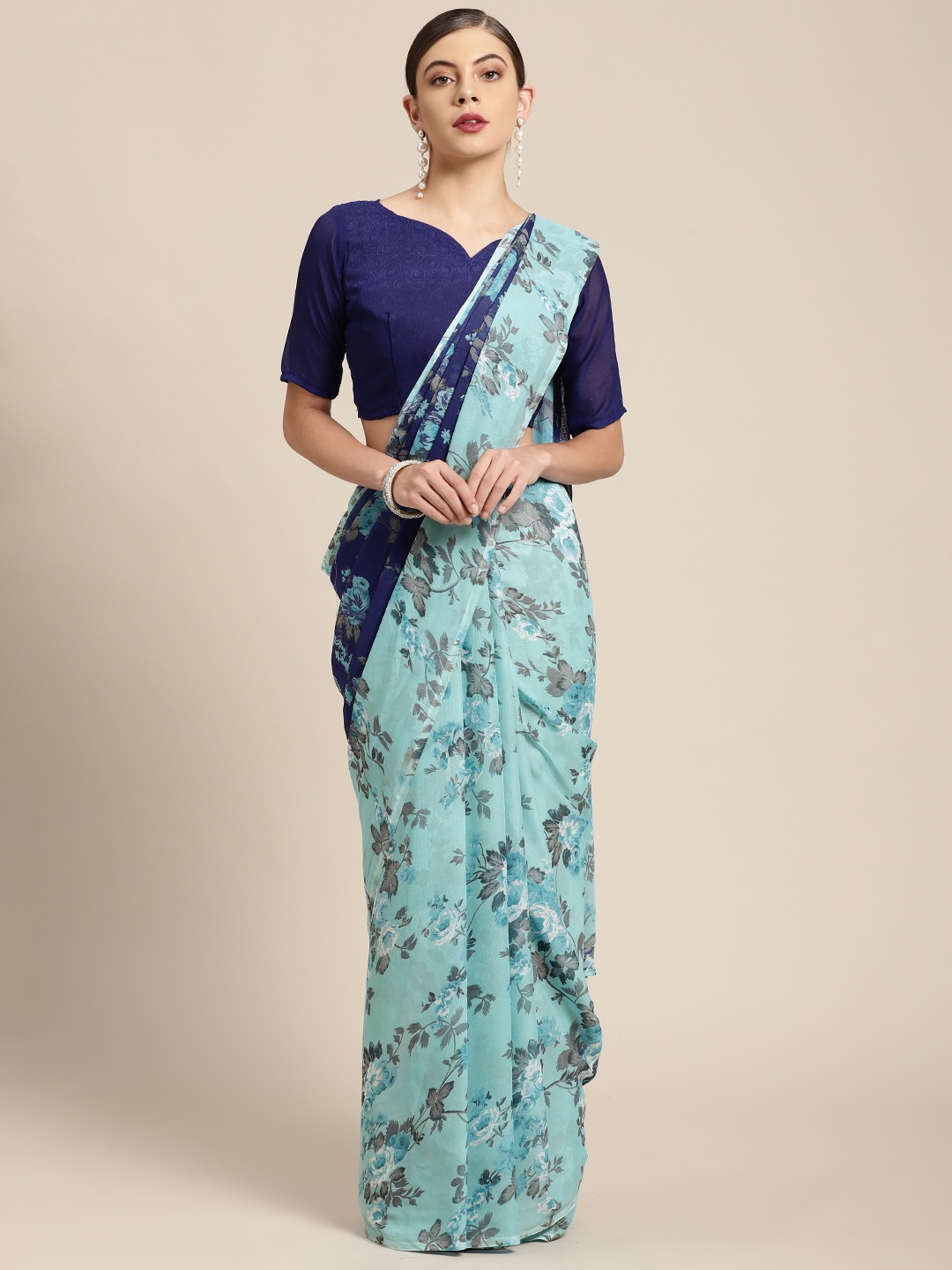

KALINI Blue Floral Poly Georgette Saree