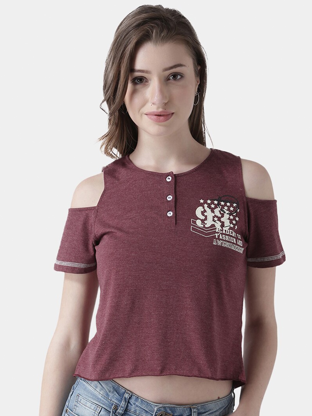 

The Vanca Women Red Graphic Printed Regular-Fit Cold Shoulder Crop T-shirt