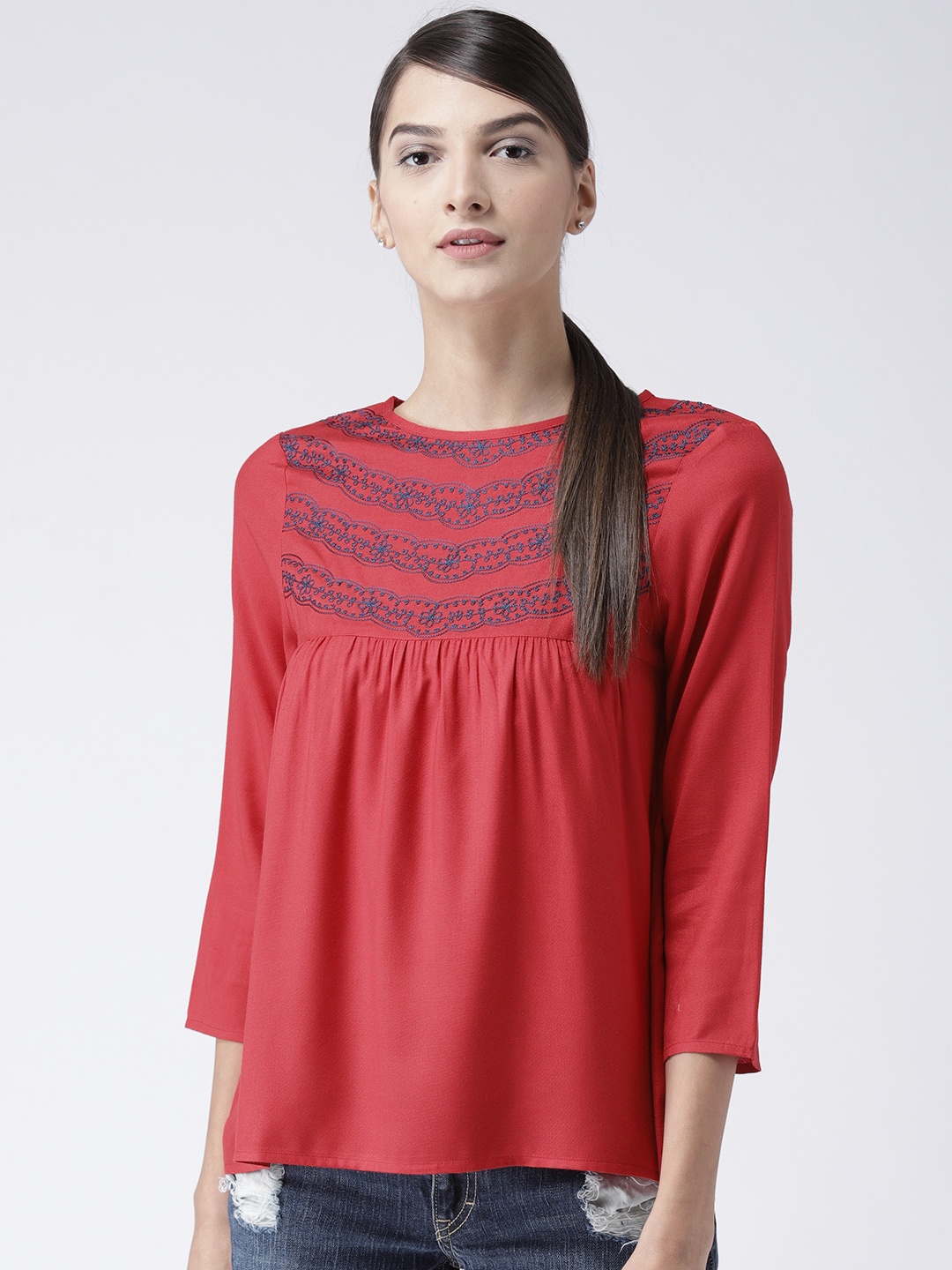 

The Vanca Red & Blue Embroidered Empire Top