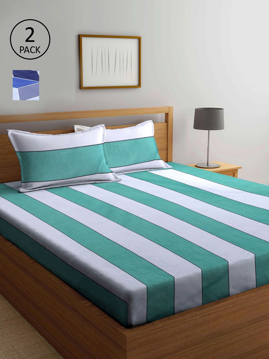 

KLOTTHE Green & Blue Striped 210 TC 2 King Bedsheet with 4 Pillow Covers