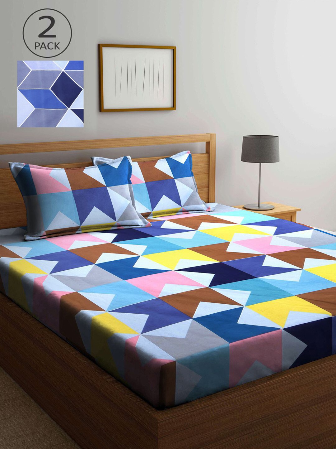 

KLOTTHE Blue & Pink Geometric 210 TC 2 King Bedsheet with 4 Pillow Covers