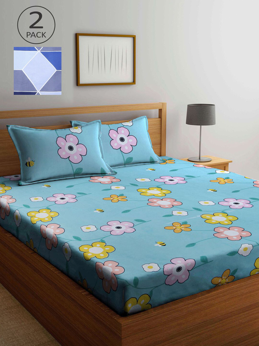 

KLOTTHE Blue & Blue Floral 210 TC 2 King Bedsheet with 4 Pillow Covers