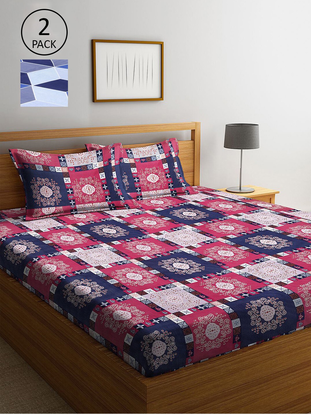 

KLOTTHE Pink & Navy Blue Geometric 210 TC 2 King Bedsheet with 4 Pillow Covers