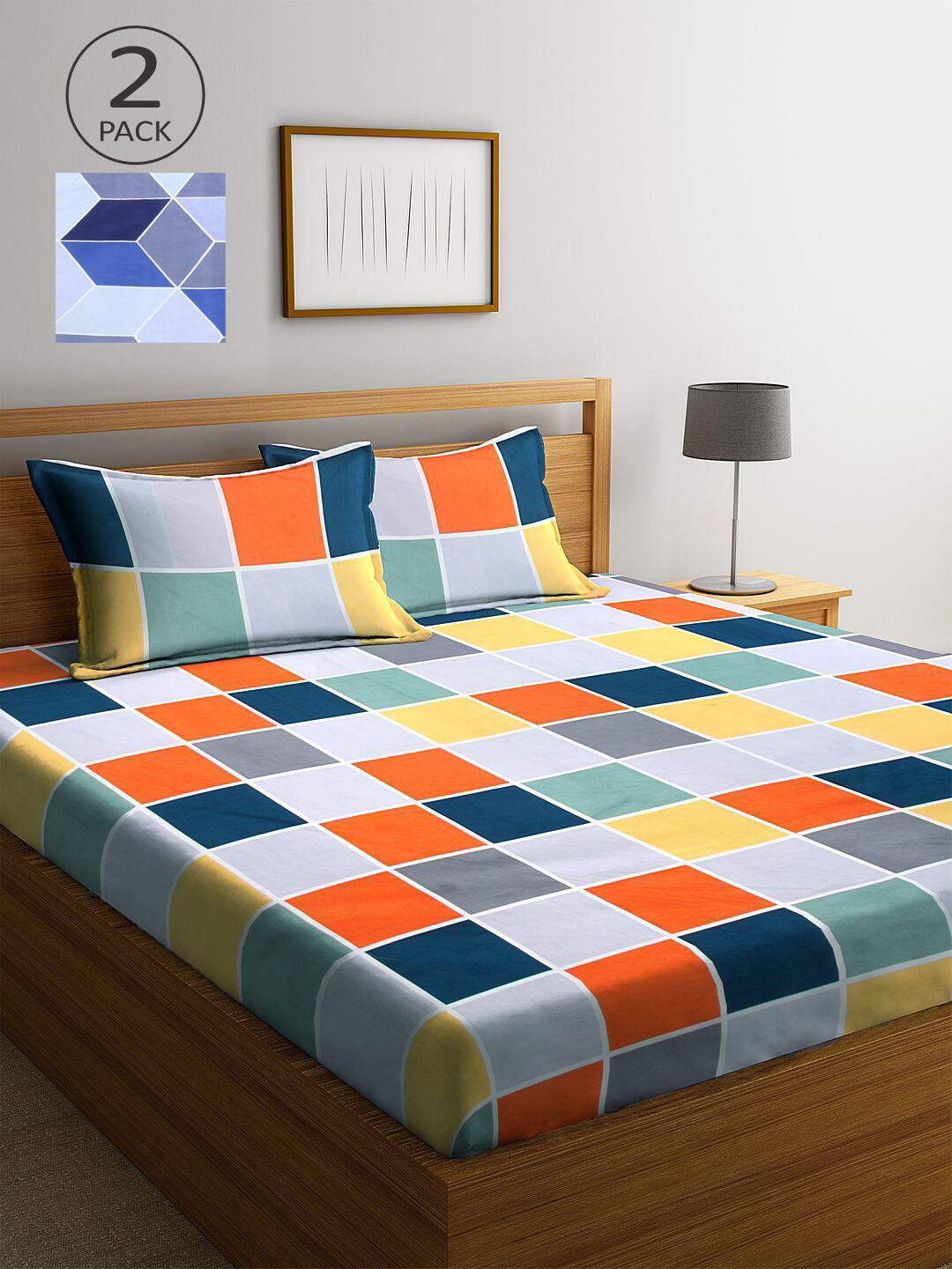 

KLOTTHE Blue & Orange Geometric 210 TC 2 King Bedsheet with 4 Pillow Covers