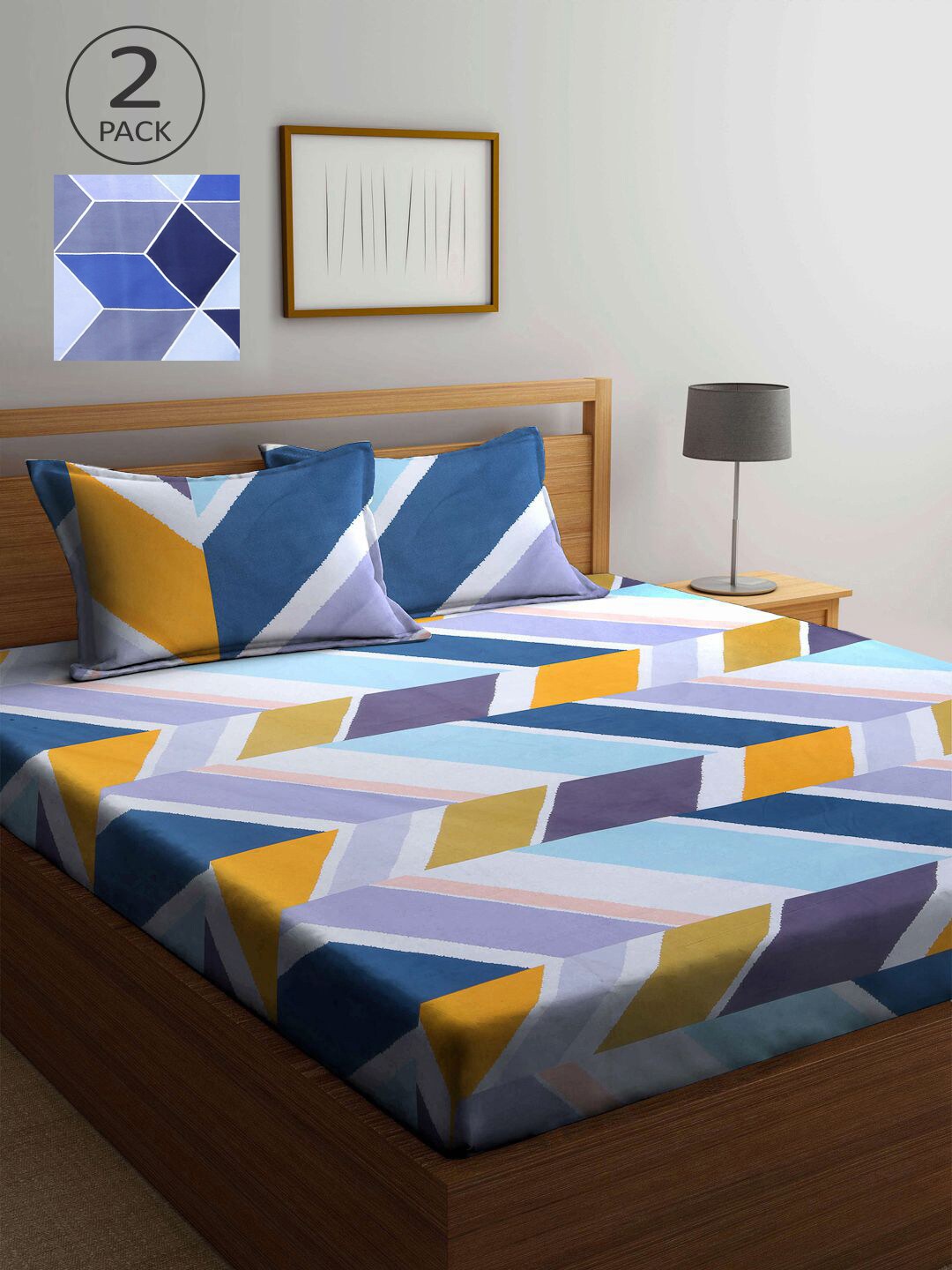 

KLOTTHE Blue & Yellow Geometric 210 TC 2 King Bedsheet with 4 Pillow Covers