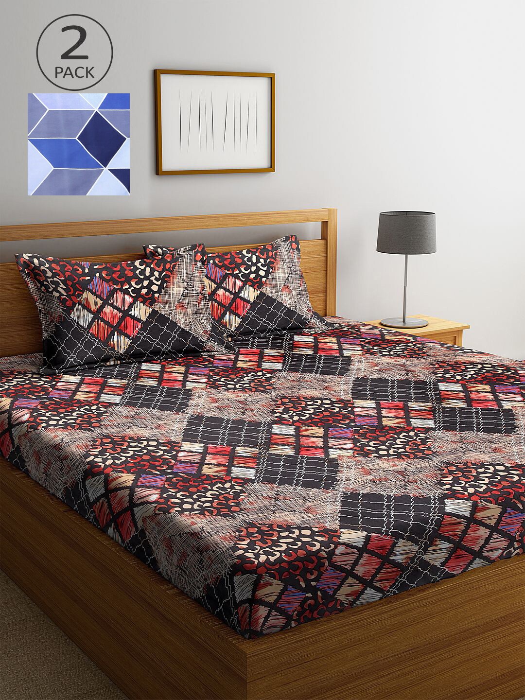 

KLOTTHE Brown & Blue Geometric 210 TC 2 King Bedsheet with 4 Pillow Covers