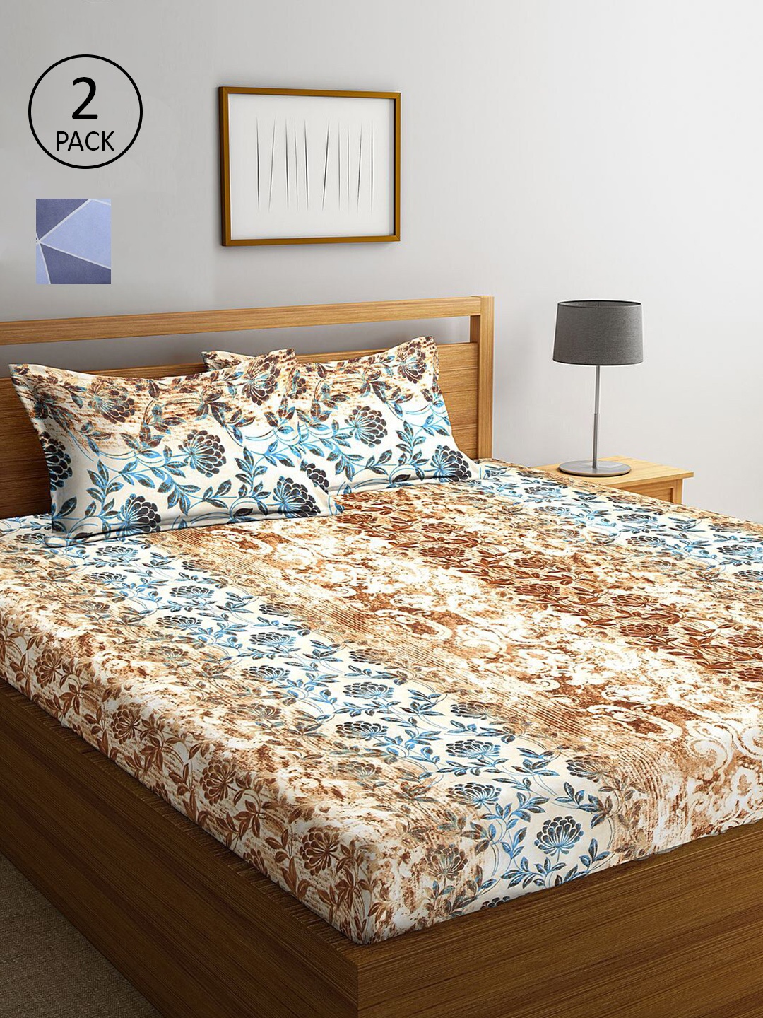 

KLOTTHE Beige & Blue Floral 210 TC 2 King Bedsheet with 4 Pillow Covers