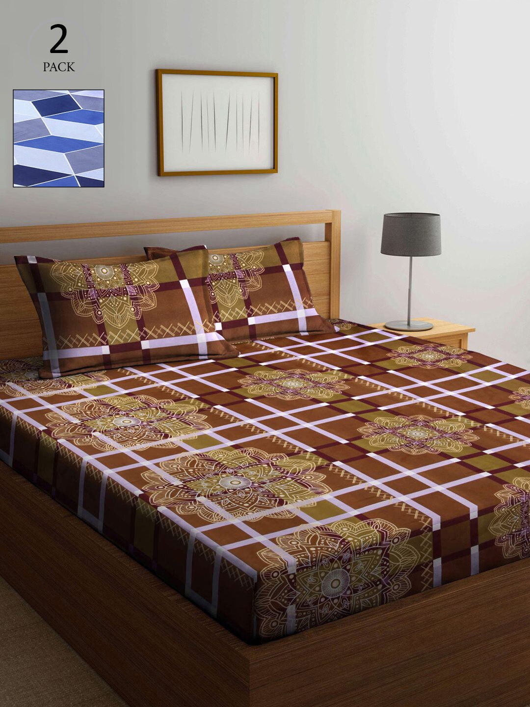 

KLOTTHE Blue & Brown Geometric 210 TC 2 King Bedsheets with 4 Pillow Covers