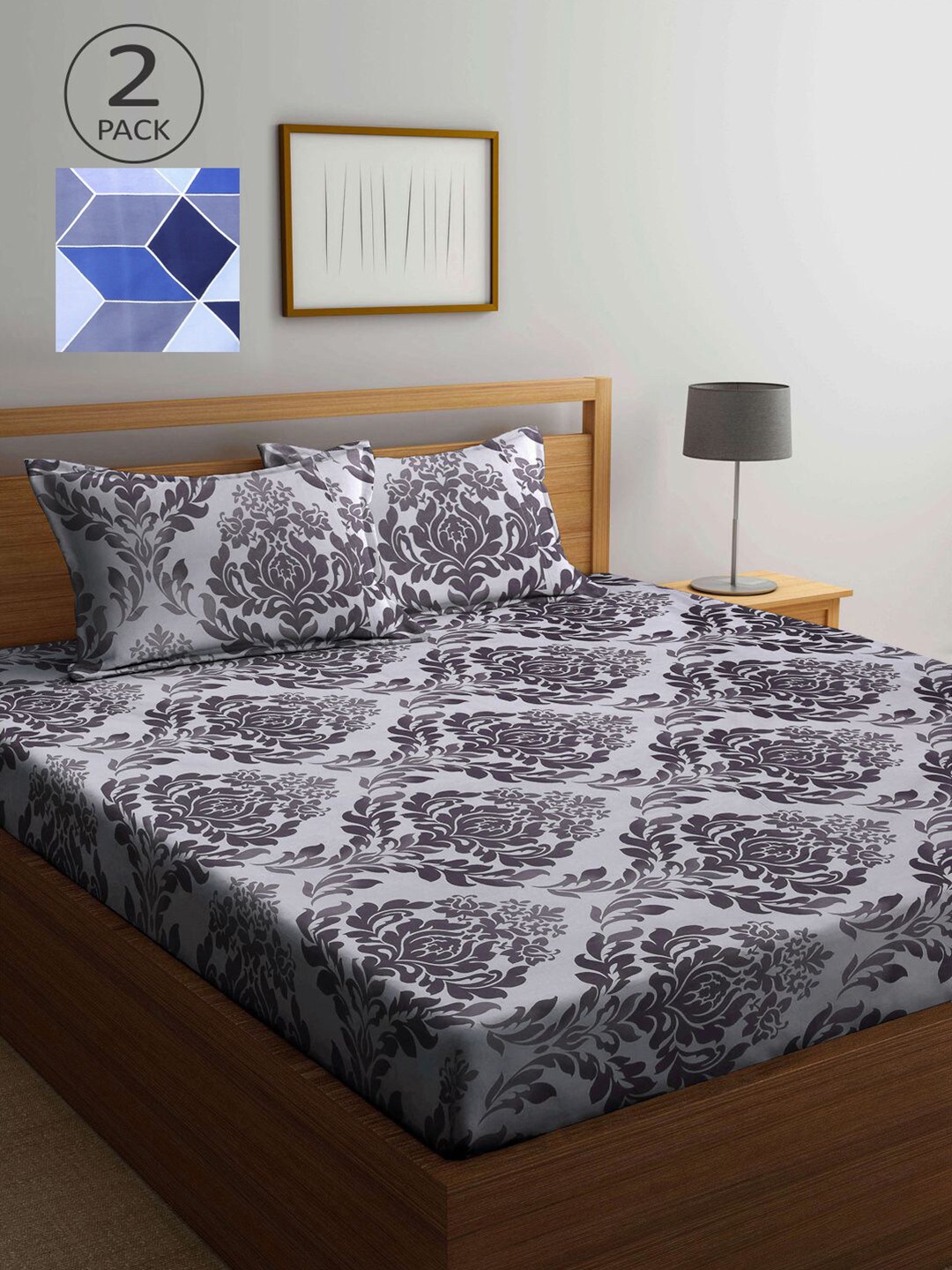 

KLOTTHE Blue & Grey Floral 210 TC 2 King Bedsheet with 4 Pillow Covers