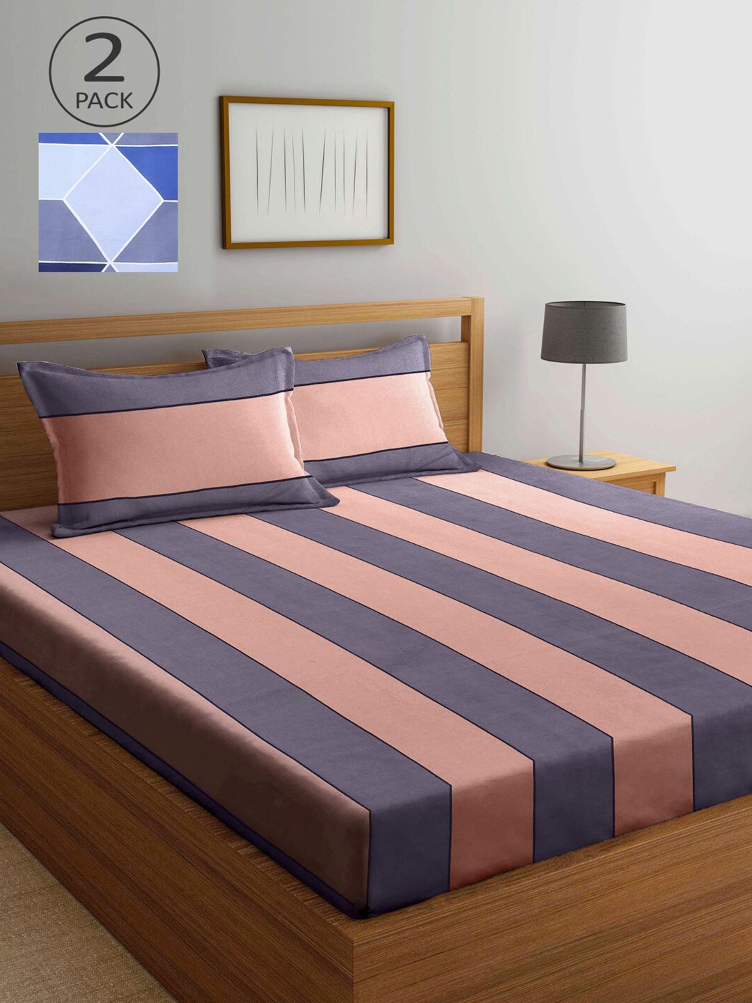 

KLOTTHE Blue & Peach-Coloured Geometric 210 TC 2 King Bedsheet with 4 Pillow Covers