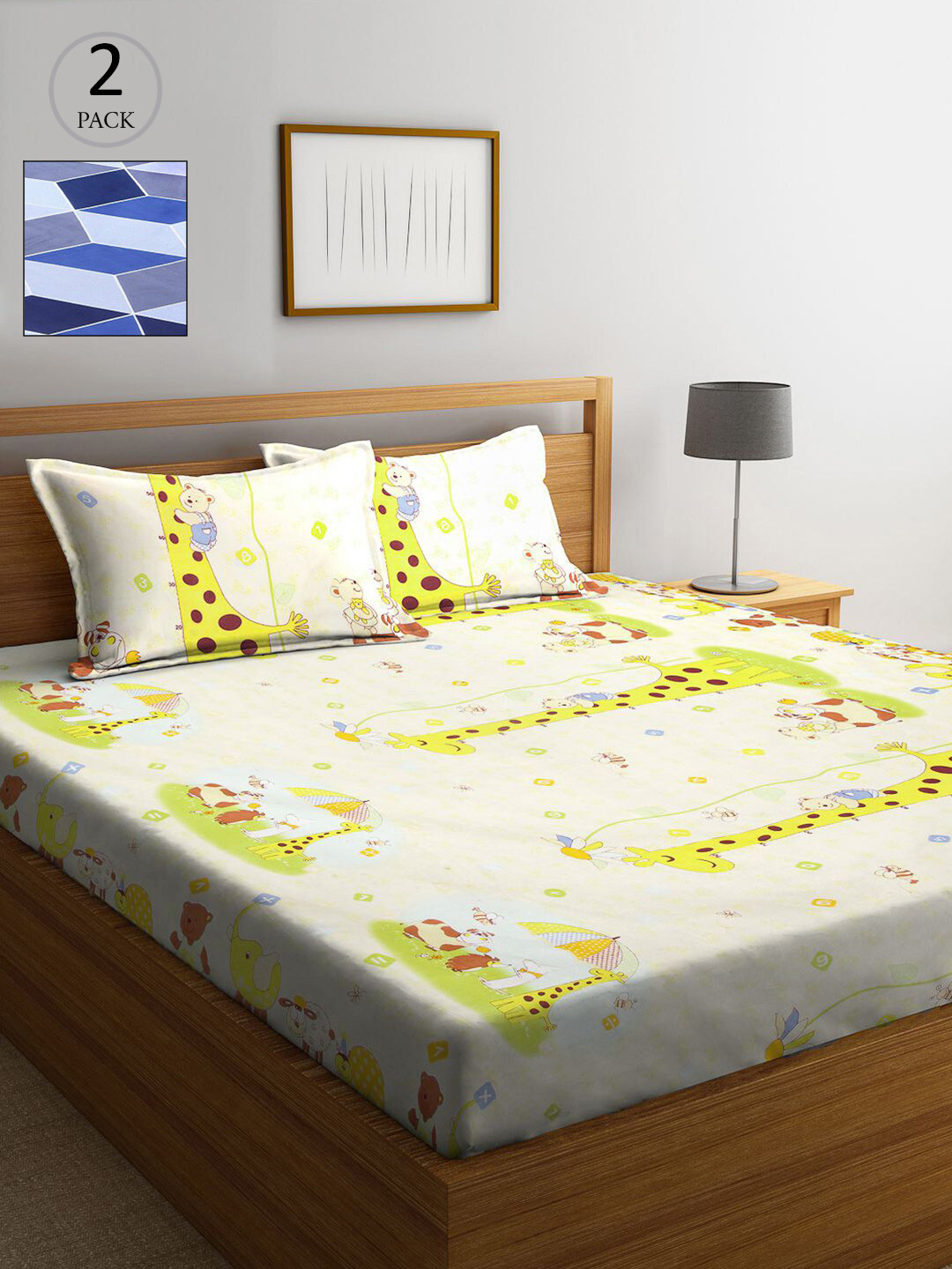 

KLOTTHE Blue & Yellow Cartoon Characters 210 TC 2 King Bedsheet with 4 Pillow Covers