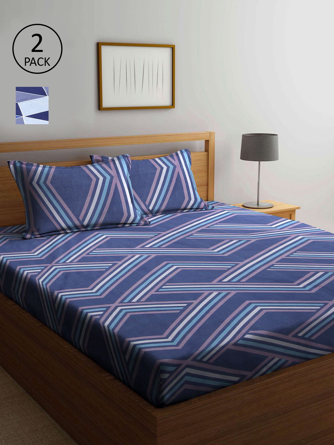 

KLOTTHE Blue & Grey Geometric 210 TC 2 King Bedsheet with 4 Pillow Covers