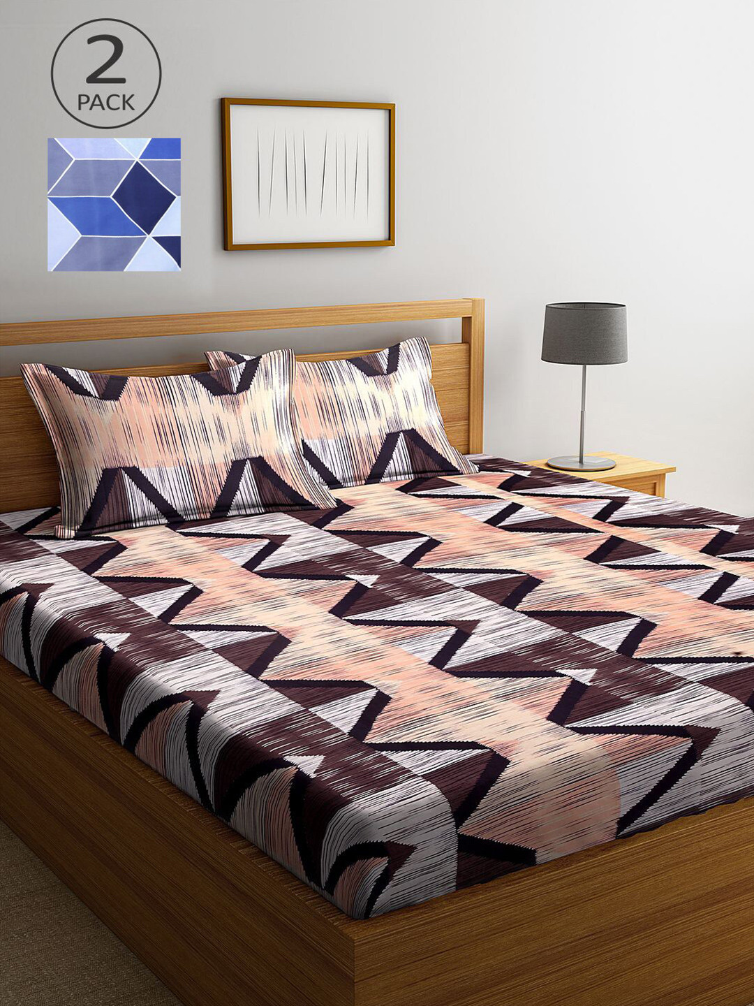 

KLOTTHE Blue & Brown Geometric 210 TC 2 King Bedsheet with 4 Pillow Covers