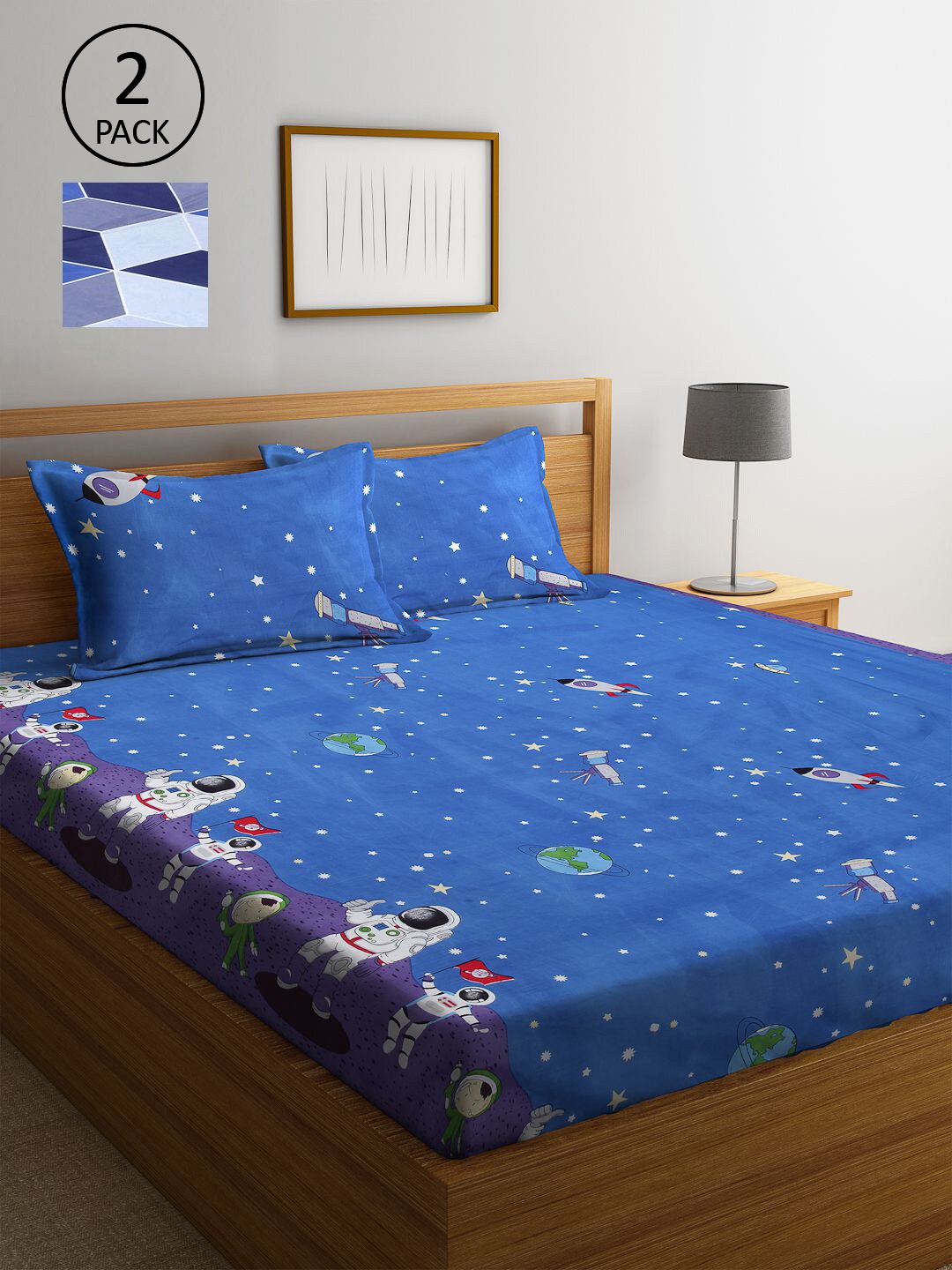 

KLOTTHE Blue Cartoon Characters 210 TC 2 King Bedsheet with 4 Pillow Covers