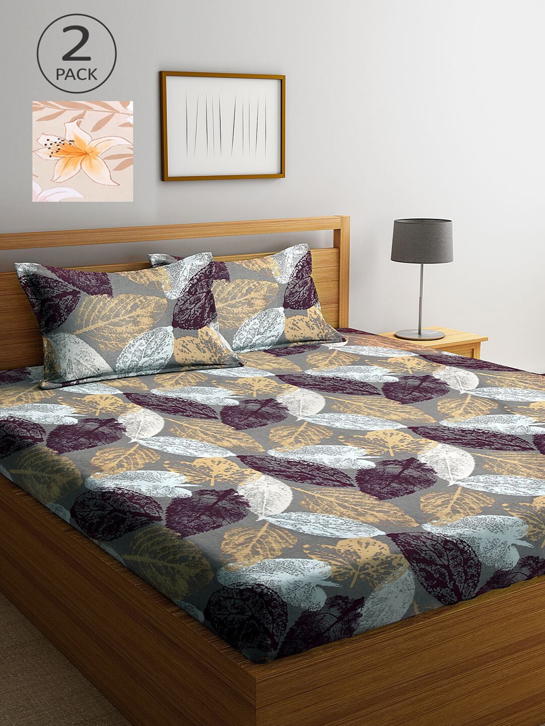 

KLOTTHE Grey & Brown Floral 210 TC 2 King Bedsheet with 4 Pillow Covers