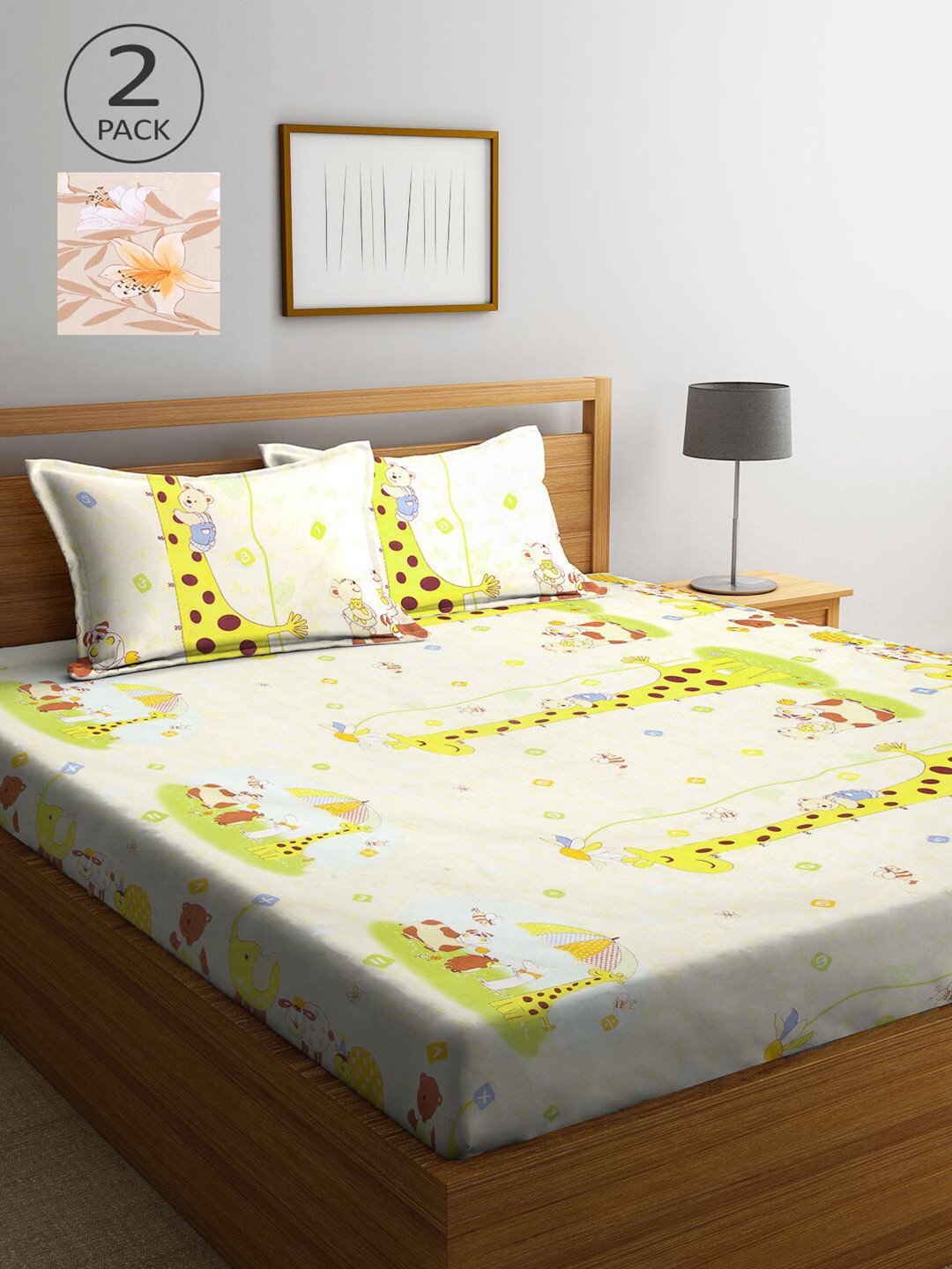 

KLOTTHE Beige & Yellow Cartoon Characters 210 TC 2 King Bedsheet with 4 Pillow Covers