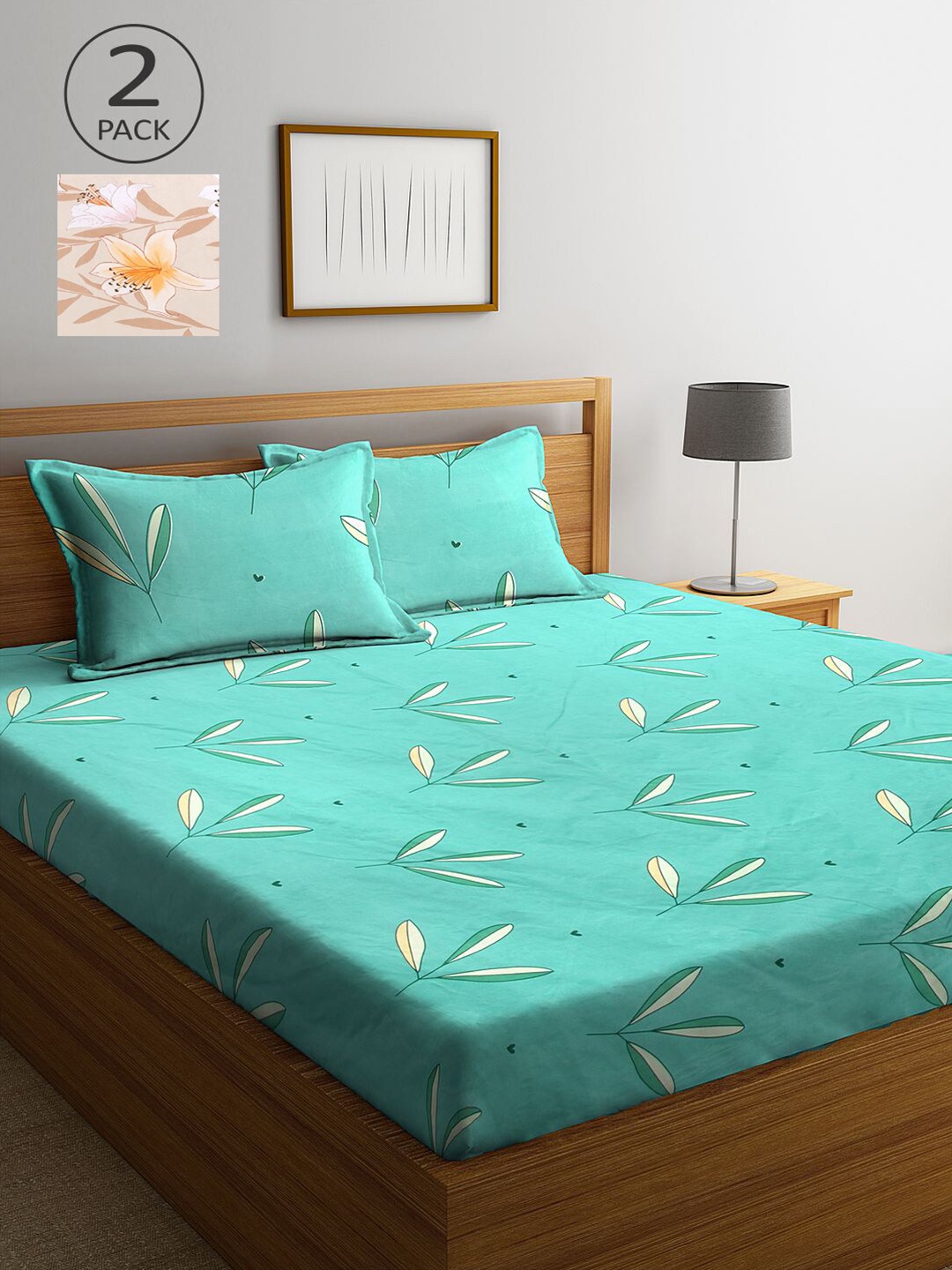 

KLOTTHE Sea Green & Beige Floral 210 TC 2 King Bedsheet with 4 Pillow Covers