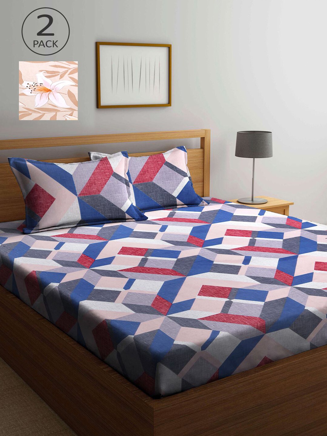 

KLOTTHE Blue & Peach-Coloured Geometric 210 TC 2 King Bedsheet with 4 Pillow Covers