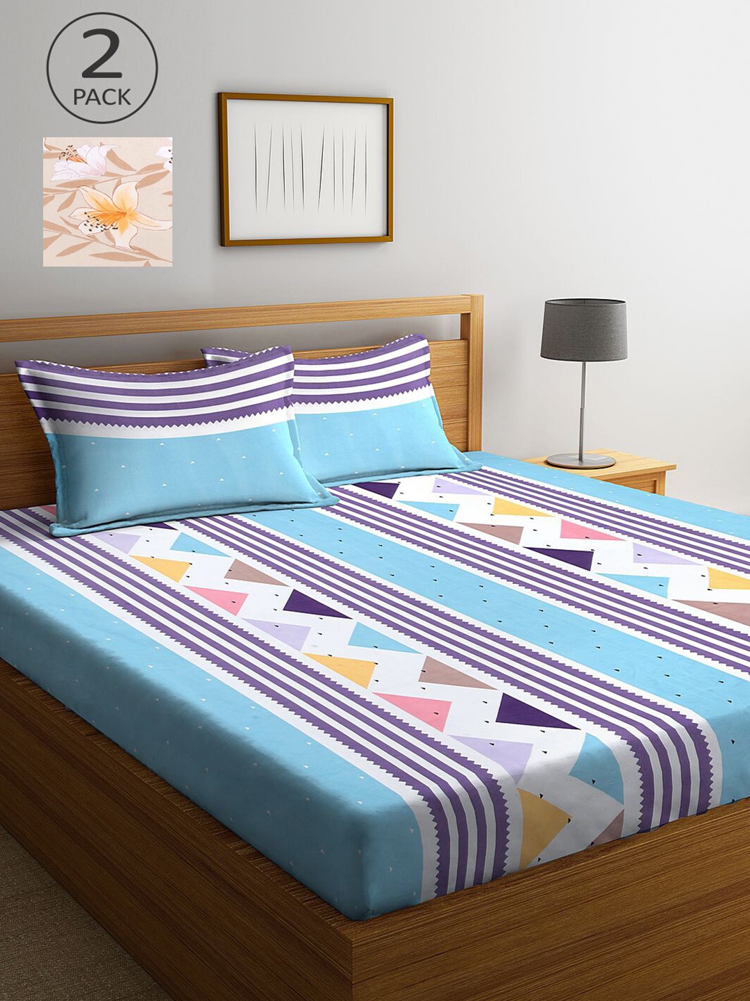 

KLOTTHE Blue & Beige Striped 210 TC 2 King Bedsheet with 4 Pillow Covers