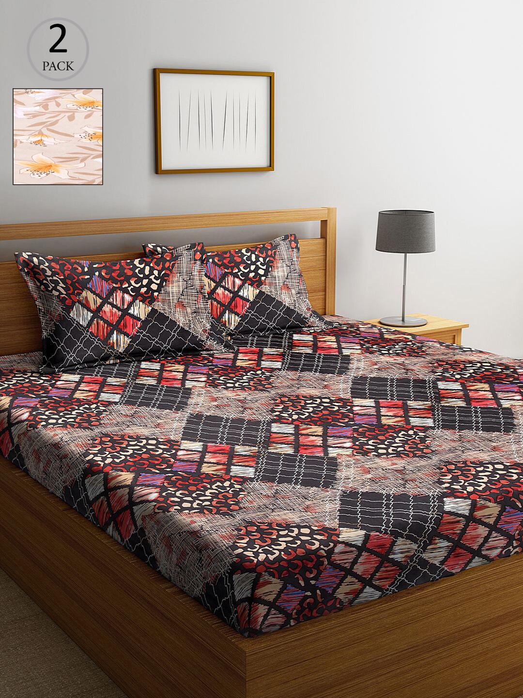 

KLOTTHE Brown & Navy Blue Geometric 210 TC 2 King Bedsheet with 4 Pillow Covers