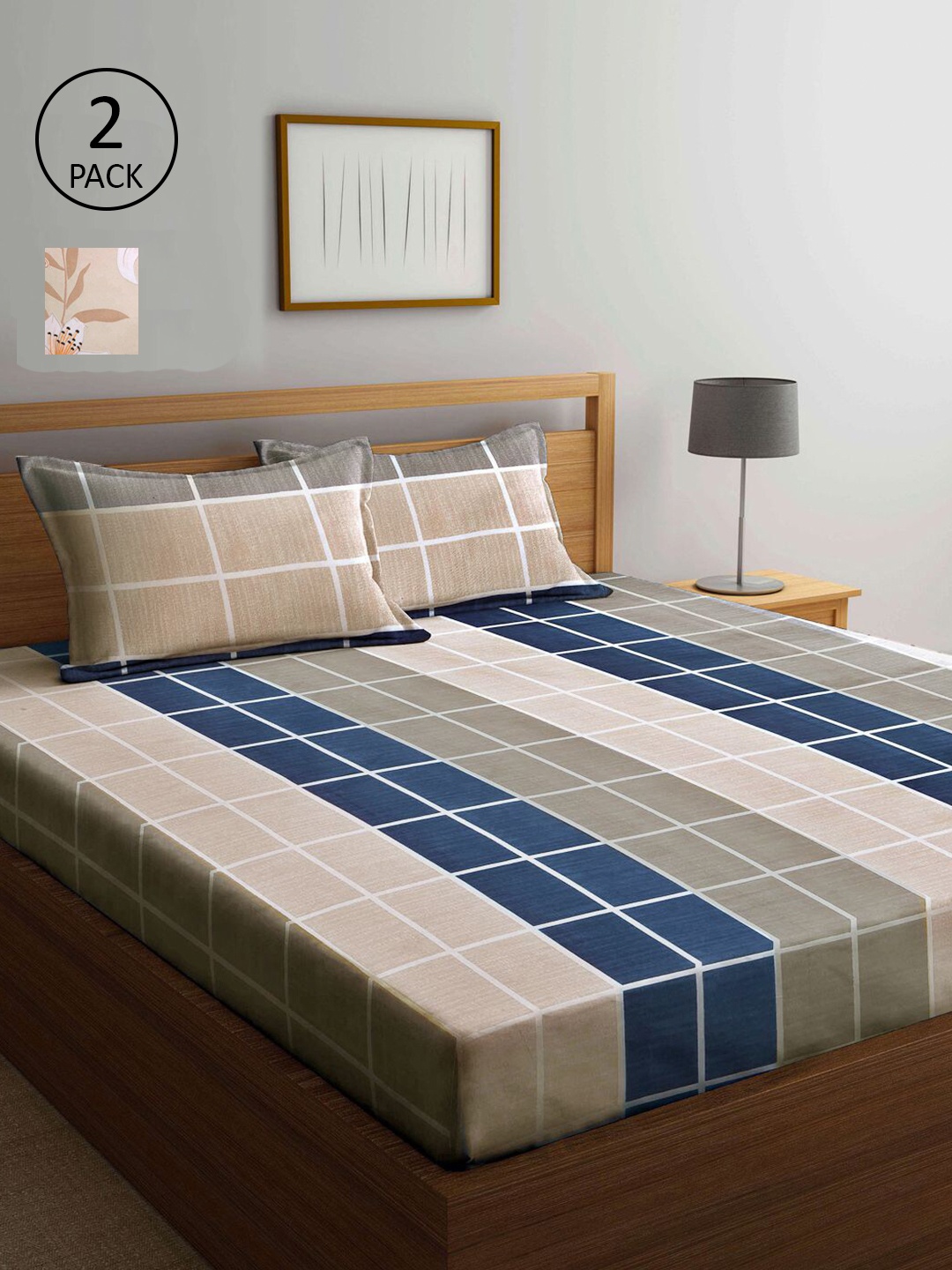 

KLOTTHE Brown & Blue Geometric 210 TC 2 King Bedsheet with 4 Pillow Covers