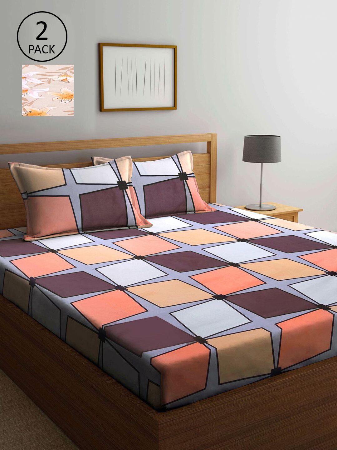 

KLOTTHE Blue & Peach-Coloured Geometric 210 TC 2 King Bedsheet with 4 Pillow Covers