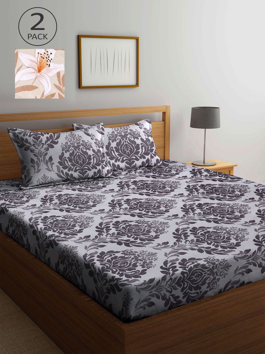 

KLOTTHE Grey & Black Floral 210 TC 2 King Bedsheet with 4 Pillow Covers