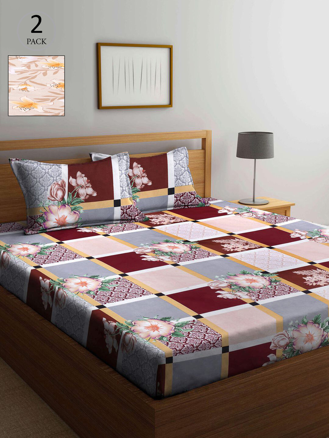 

KLOTTHE Grey & Maroon Geometric 210 TC 2 King Bedsheet with 4 Pillow Covers