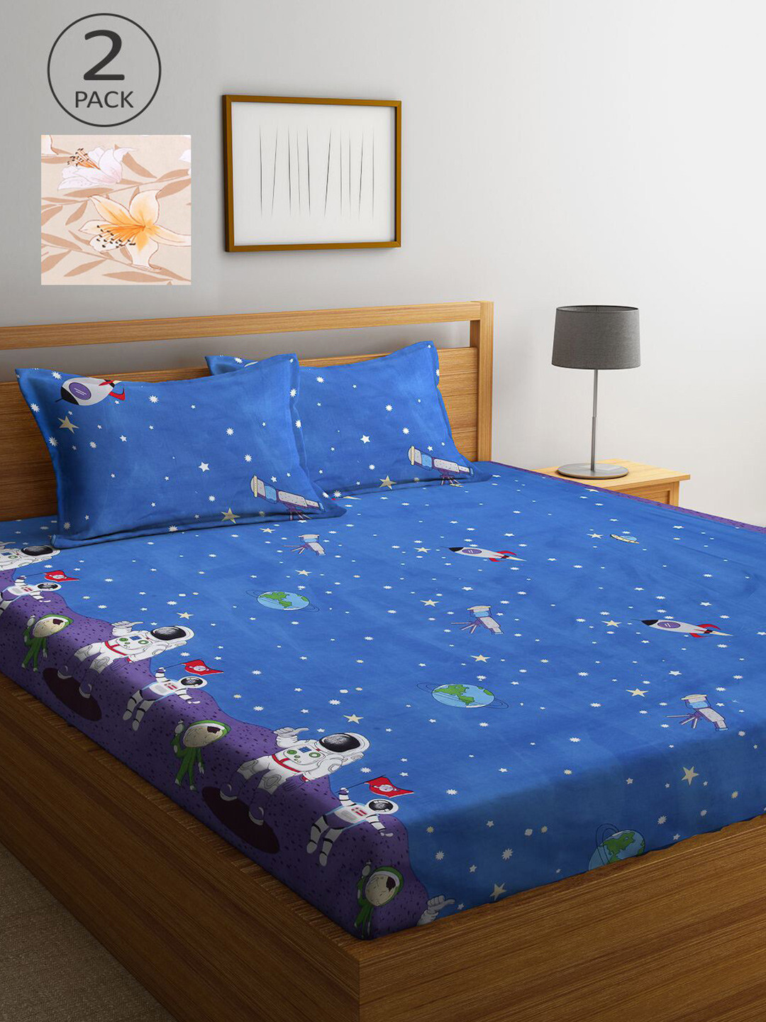 

KLOTTHE Blue & Beige Cartoon Characters 210 TC 2 King Bedsheet with 4 Pillow Covers