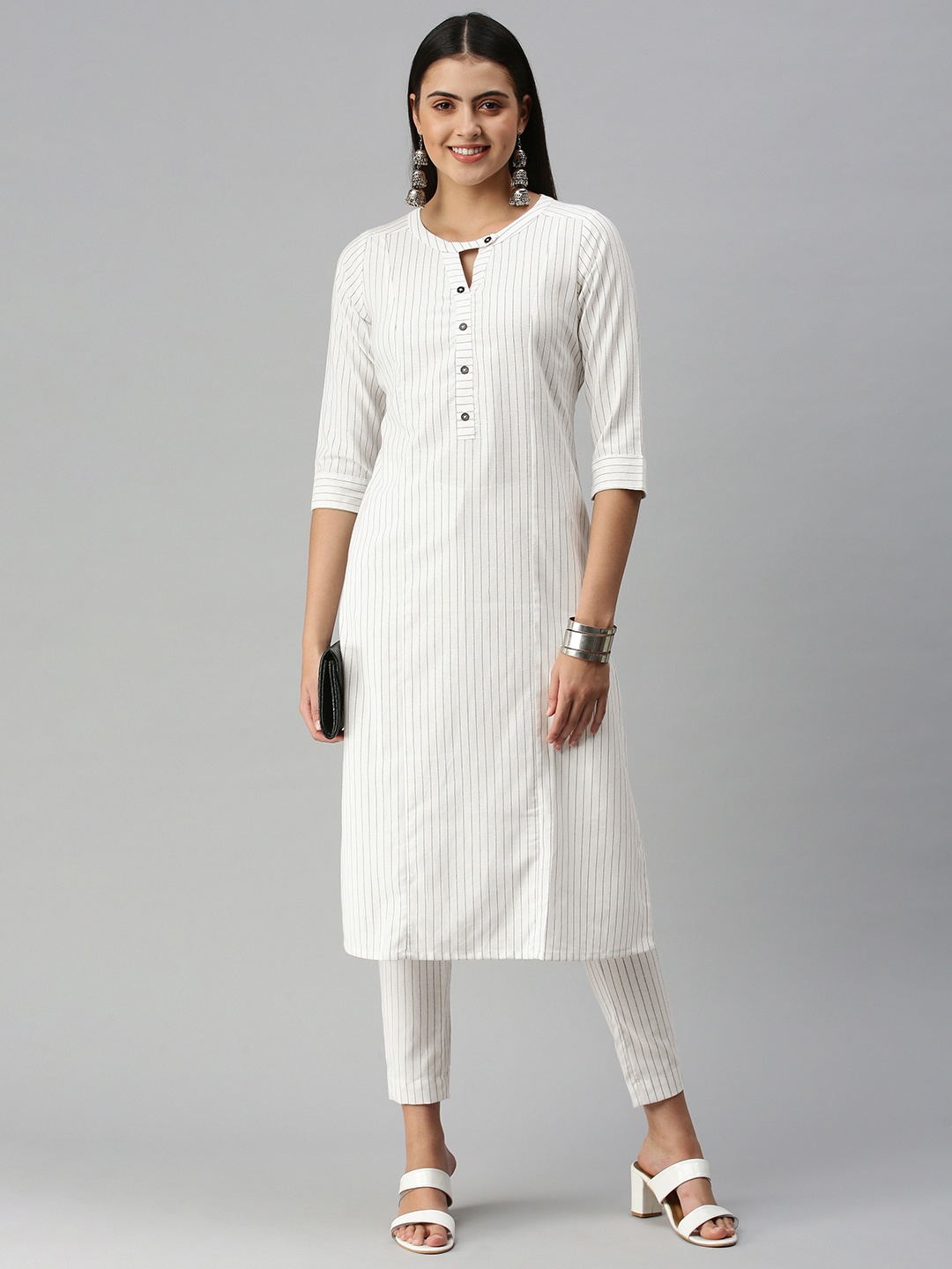 

ETIQUETTE Women White & Grey Striped Linen Kurta with Trousers