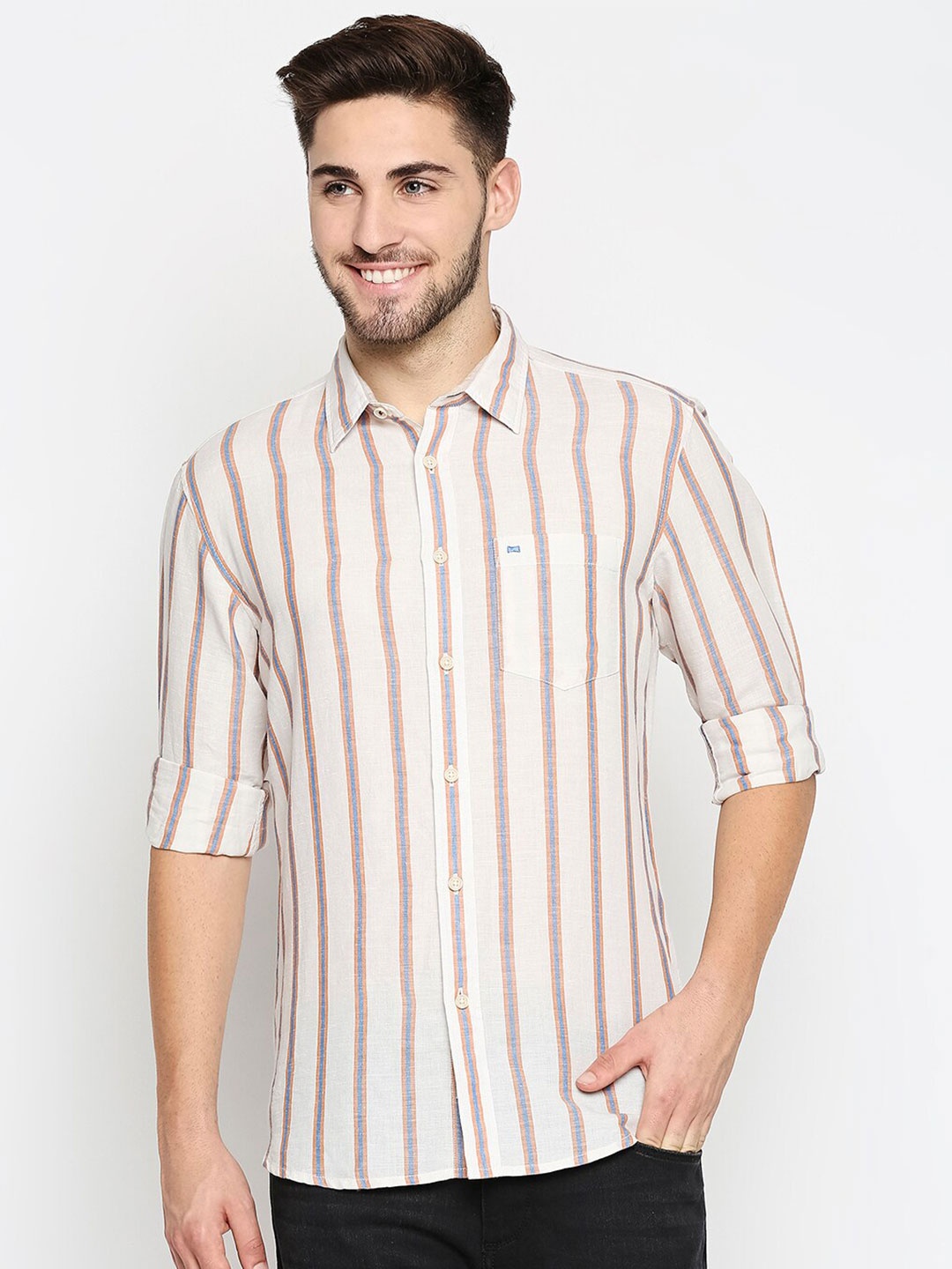 

Basics Men Brown & Grey Slim Fit Striped Cotton Linen Casual Shirt