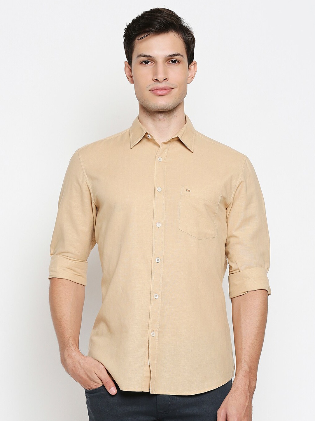 

Basics Men Beige Slim Fit Cotton Casual Shirt